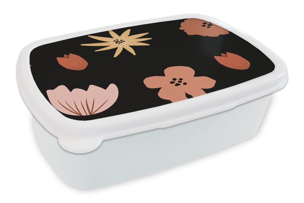 MuchoWow Lunchbox Blumen - Schwarz - Muster, Kunststoff, (2-tlg), Brotbox für Kinder und Erwachsene, Brotdose, für Jungs und Mädchen weiß