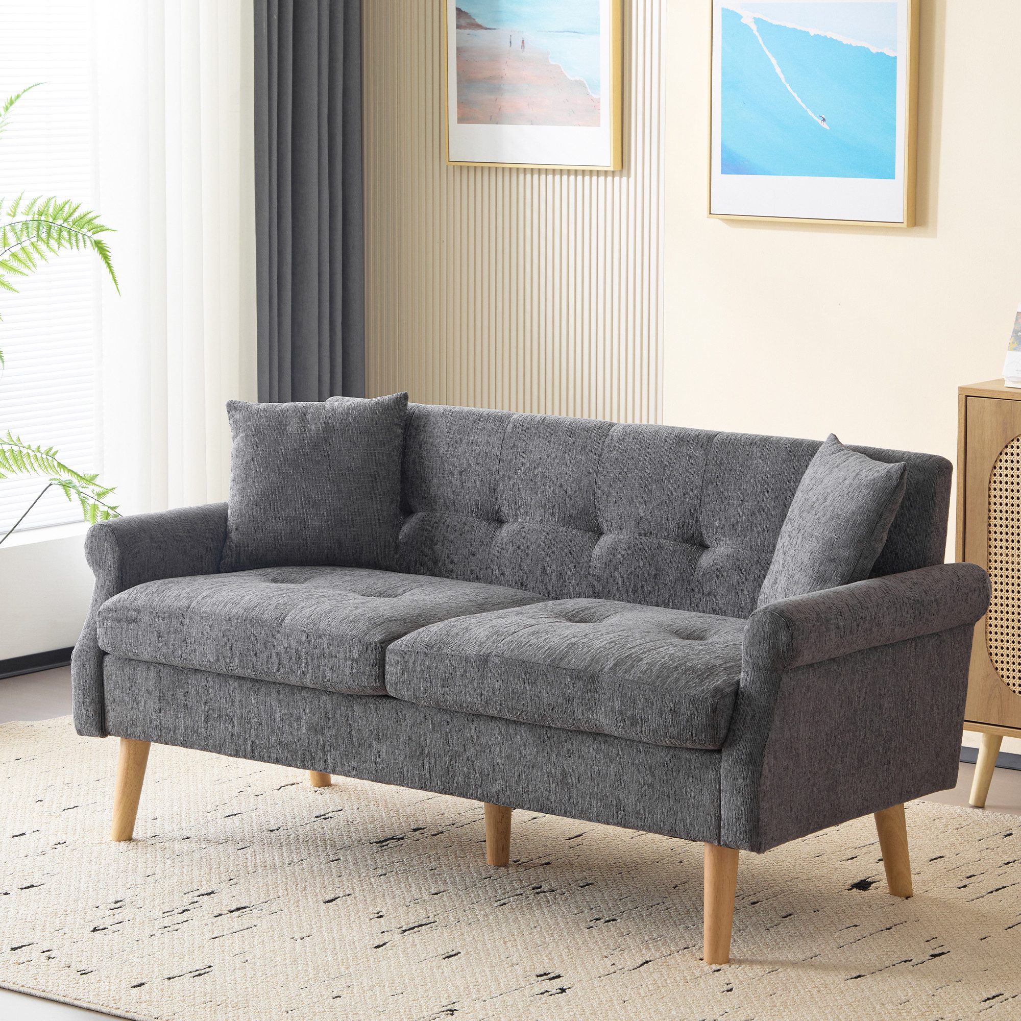 Furnishings Home 2-Sitzer Doppelsofa, Polstersofa,Chenille-Stoff, Sofa mit dicken Kissen, 1 Teile, Für Wohnzimmer, Schlafzimmer Wohnung usw Beige/ grau