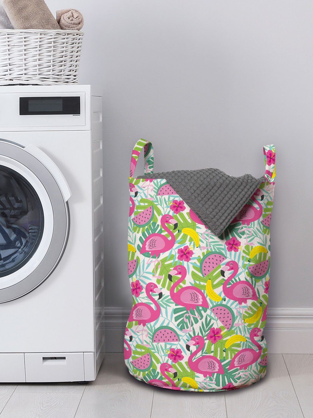 Abakuhaus Wäschesäckchen Wäschekorb mit für Flamingo-Karikatur Tropisch Waschsalons, Griffen Kordelzugverschluss Exotische