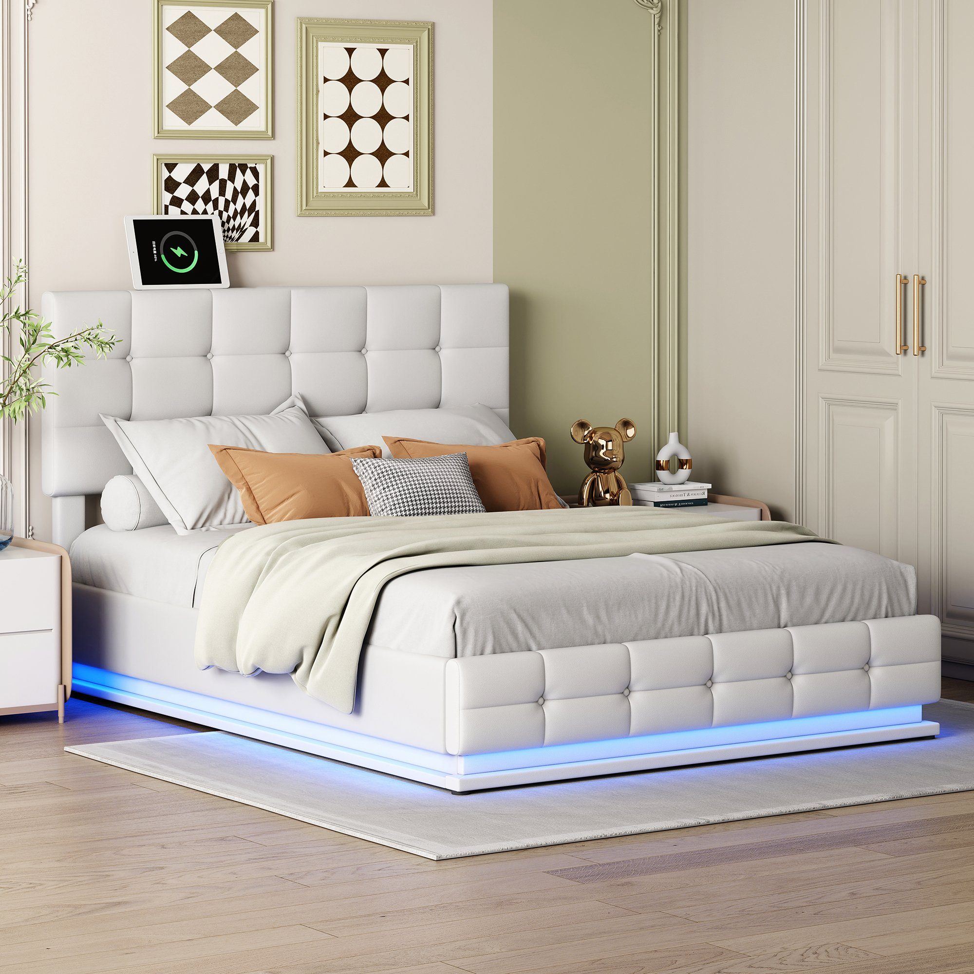 LED, Einfach Bettstauraum,Bettkasten zu Polsterbett Weiß Bettrahmen Kunstleder), Modernes aus anhebbarer Lattenrost Bett Hydraulisch REDOM cm montierender Bezug (140x200 mit