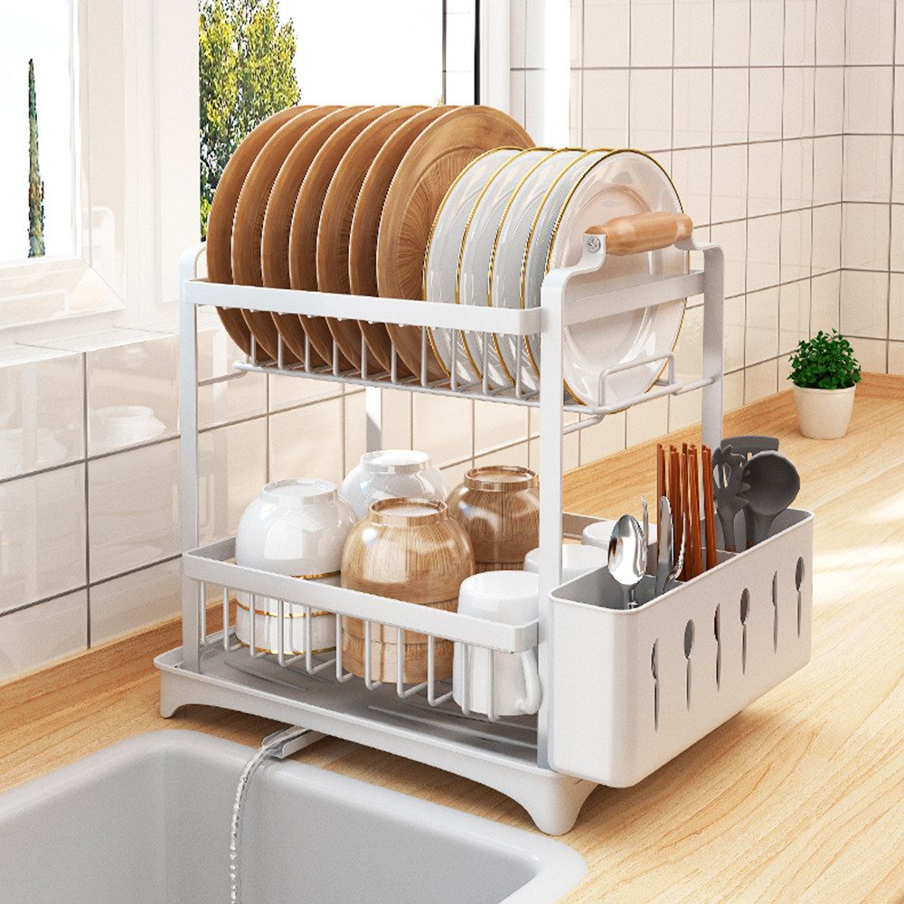 JEOBEST Geschirrständer Abtropfgestell Geschirr, Geschirr Abtropfständer, Zubehör für Küche, 2-Stufiges, mit Utensilienhalter und 360° Abfluss abnehmbarem – Bild 3 von 5