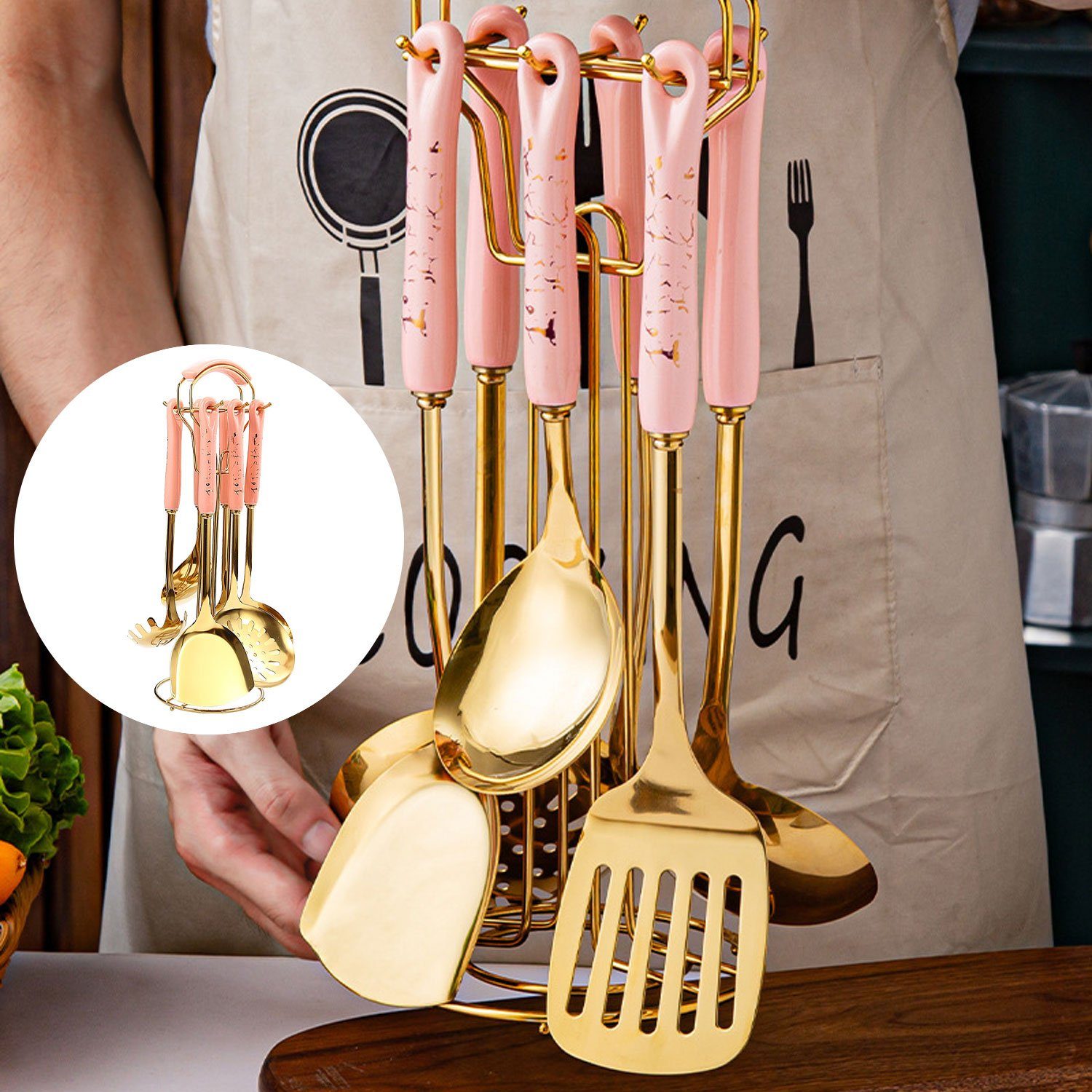 Edelstahlgriff MAGICSHE Küchenutensilien (7-tlg), Set 7er Non-Stick Set mit Edelstahl Kochbesteck-Set Keramik Rosa