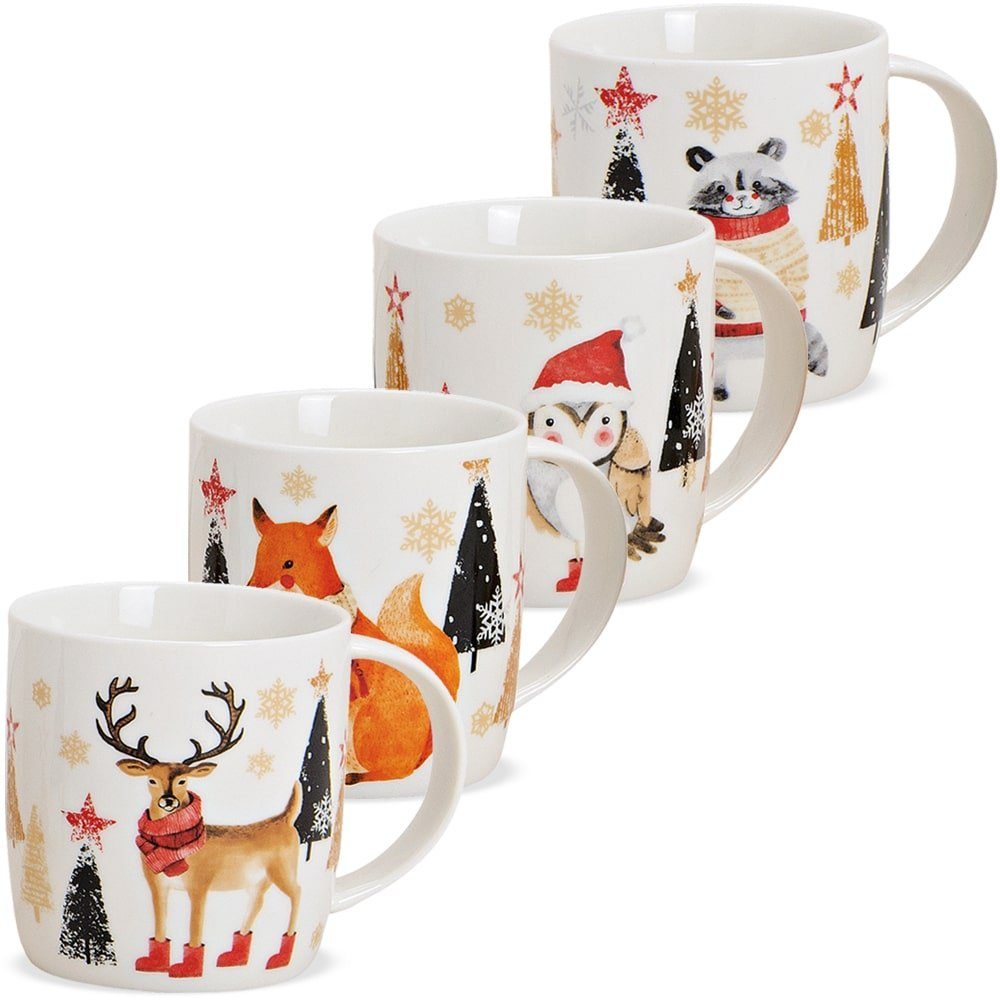 Tasse Weihnachtstassen 4er Set Tiere Hirsch Fuchs Eule Kaffeetassen