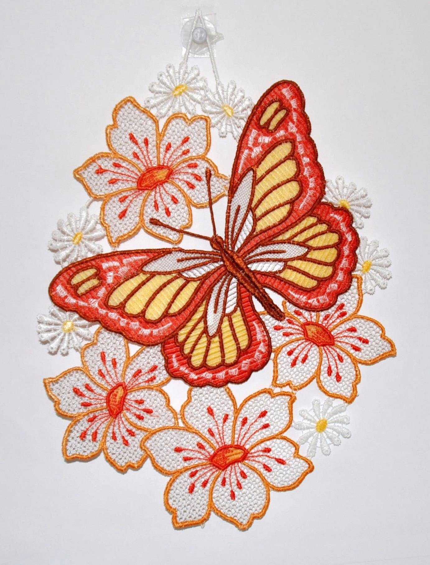 Stickereien Plauen Fensterbild Schmetterling auf Blume, Hakenaufhängung