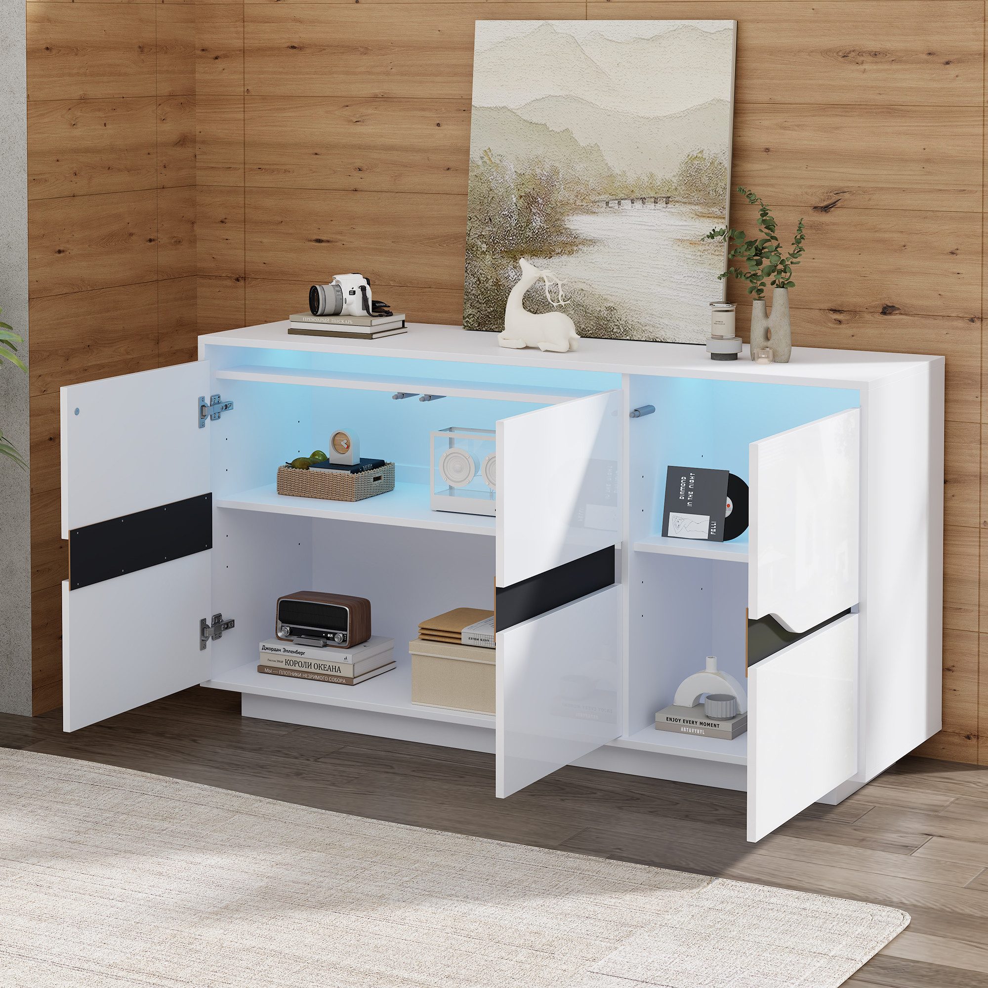 Merax Sideboard 140x40x76cm (1 St., Hochglanzfront in Weiß-Schwarz), Kommod günstig online kaufen