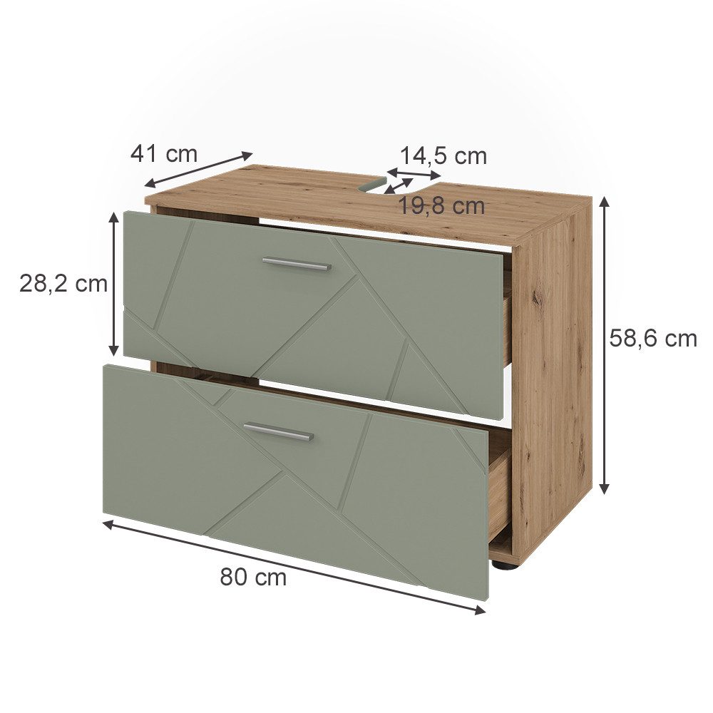Vicco Waschbeckenunterschrank Irma, Salbeigrün/Artisan, 80 x 58.6 cm mit Schubladen (1-St)