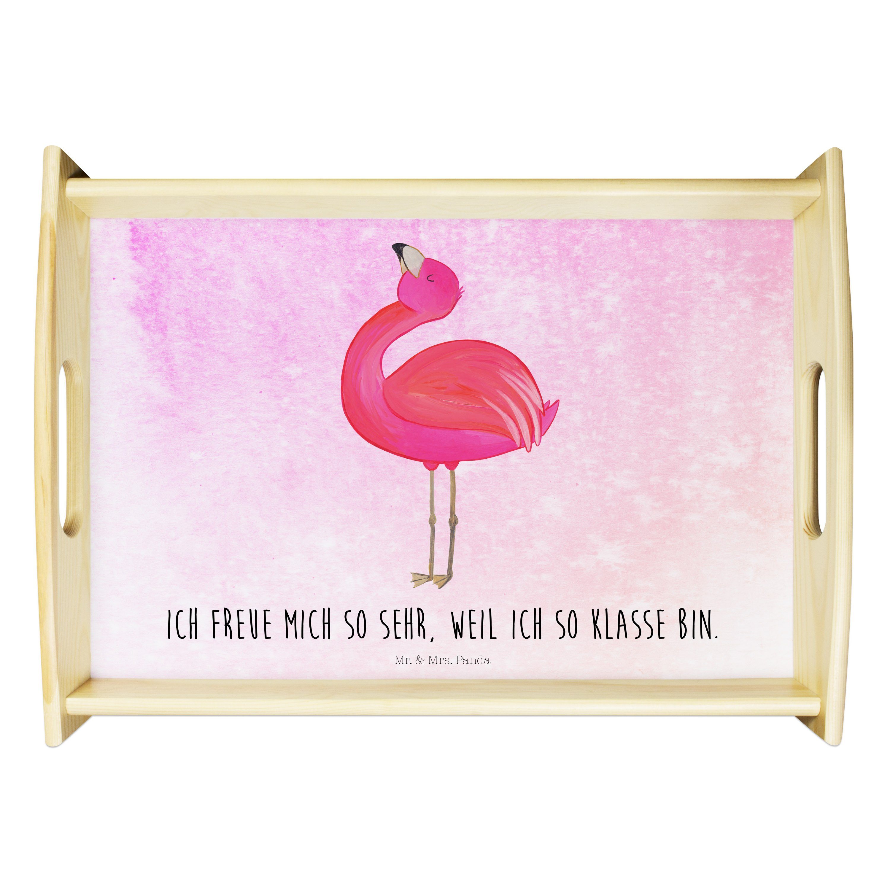 Mr. & Mrs. Panda Tablett Flamingo stolz - Aquarell Pink - Geschenk, Holztablett, Küchentablett, Echtholz lasiert, (1-tlg)