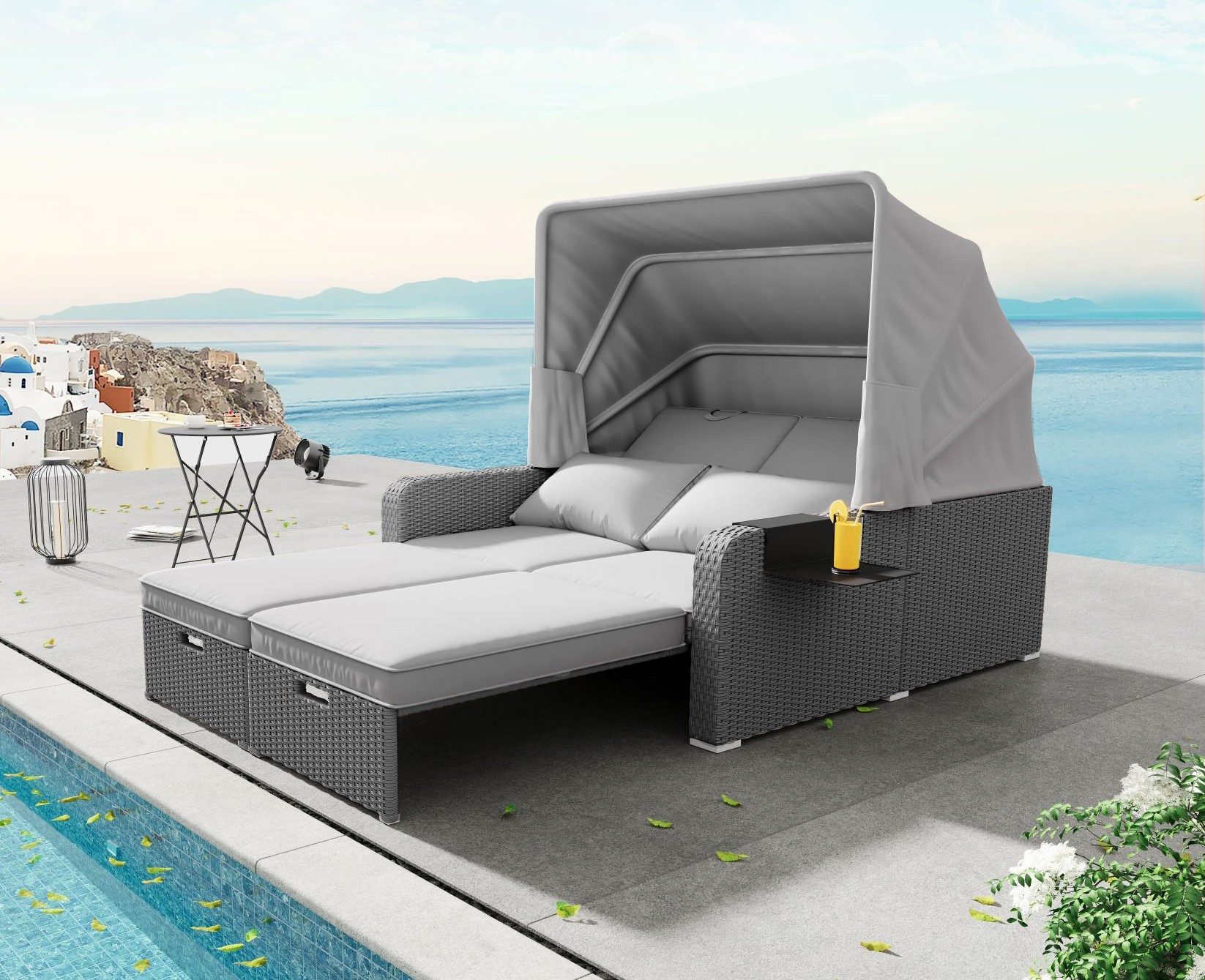 Flieks Gartenlounge-Set, Polyrattan 2-Sitzer Gartenmöbel Set mit Sonnendach