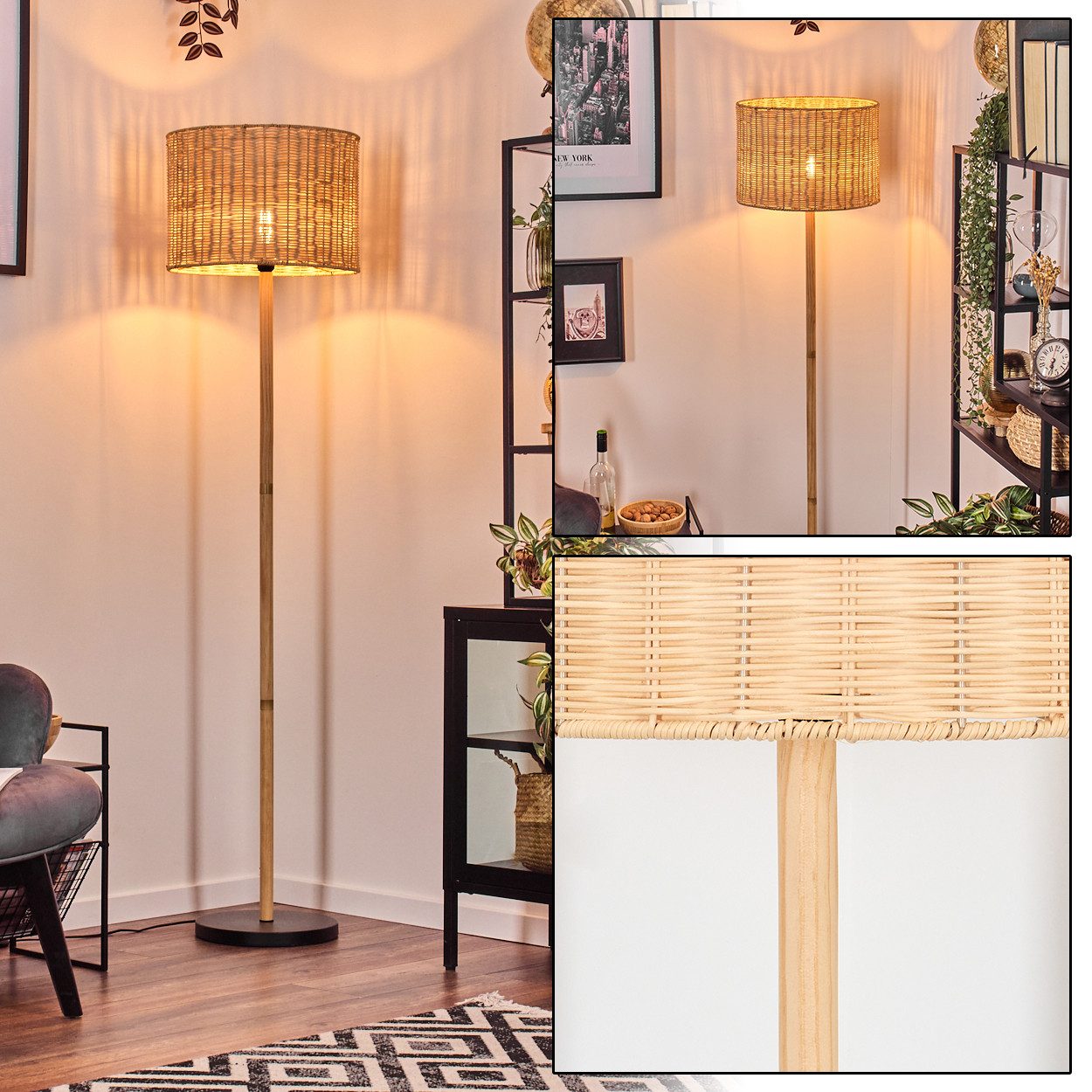hofstein Stehlampe Stehlampe aus Holz/Metall und Schirm aus Rattan, ohne Leuchtmittel, Boho-Style, skandinavisches Design (40 cm), Fußschalter, 1 x E27