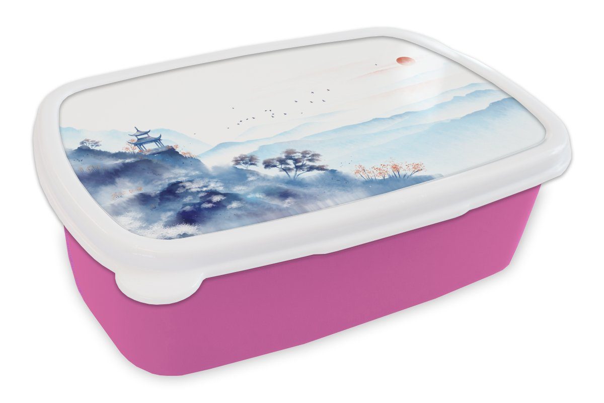 MuchoWow Lunchbox Malerei - Natur für Kinder, Erwachsene, Mädchen, Brotdose Kunststoff, (2-tlg), Brotbox Kunststoff Snackbox, rosa Landschaft - Ölfarbe, 