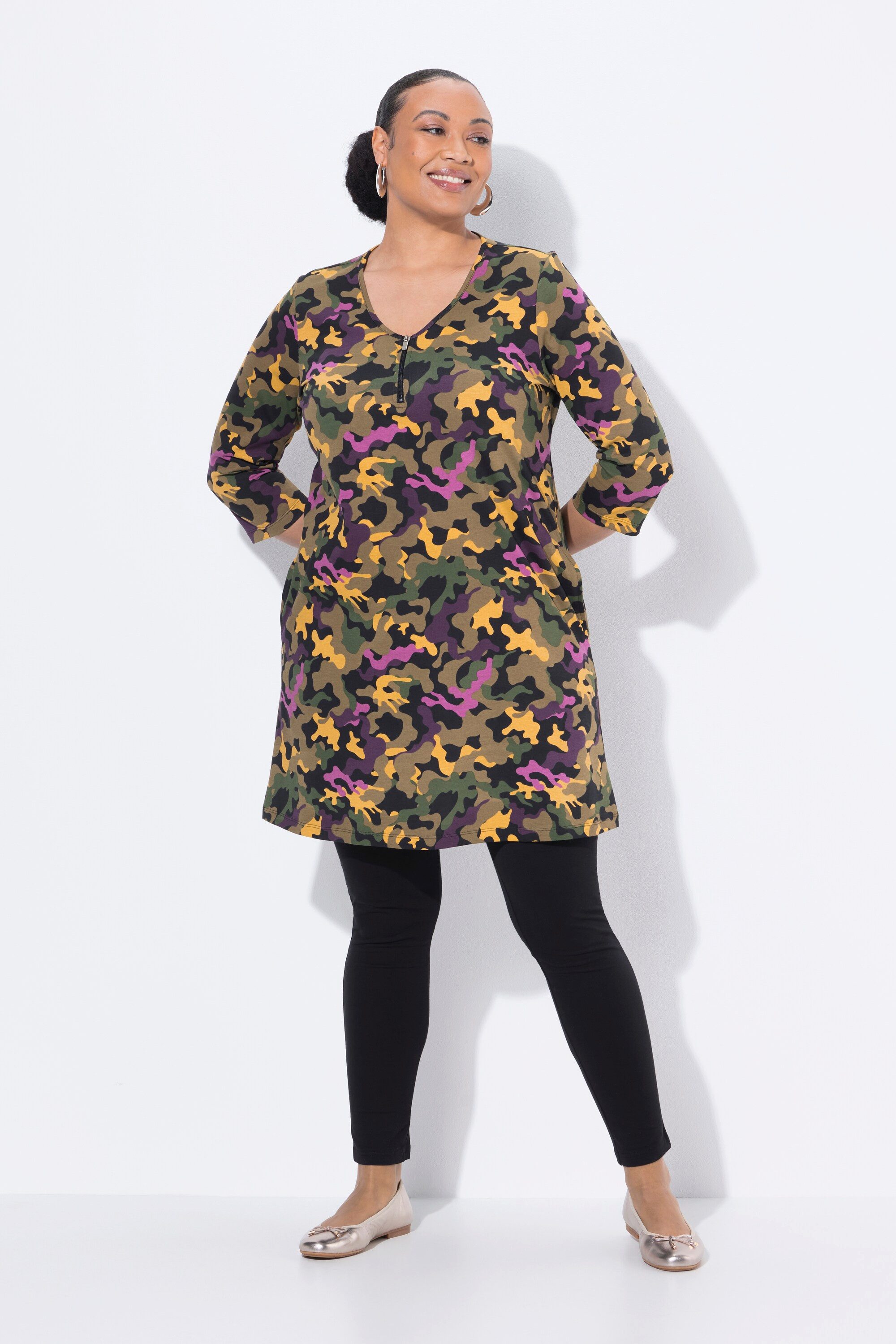 Ulla Popken Longshirt Longshirt Zipper A-Linie V-Ausschnitt 3/4-Arm günstig online kaufen