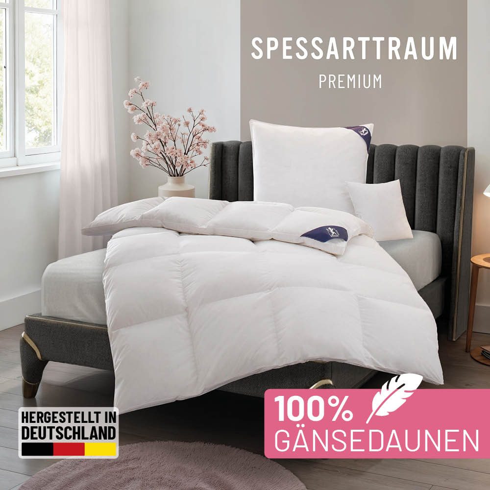 SPESSARTTRAUM Gänsedaunenbettdecke Premium****, hergestellt in Deutschland, Bettdecken für Sommer, Winter, Füllung: 100% Gänsedaunen, Klasse 1, Downpass zertifiziert, Bezug: 100% Baumwolle, Made in Green, Hausstauballergiker geeignet, 4 Wärmeklassen & 5 Größen, Bestseller