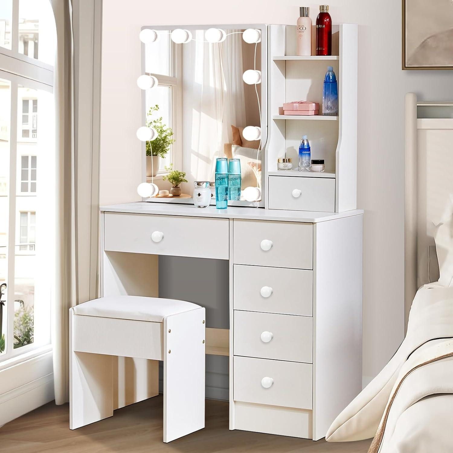 Schminktisch Schminktisch mit LED-Beleuchtung, Spiegel, Hocker, 6 Schubladen - Holz