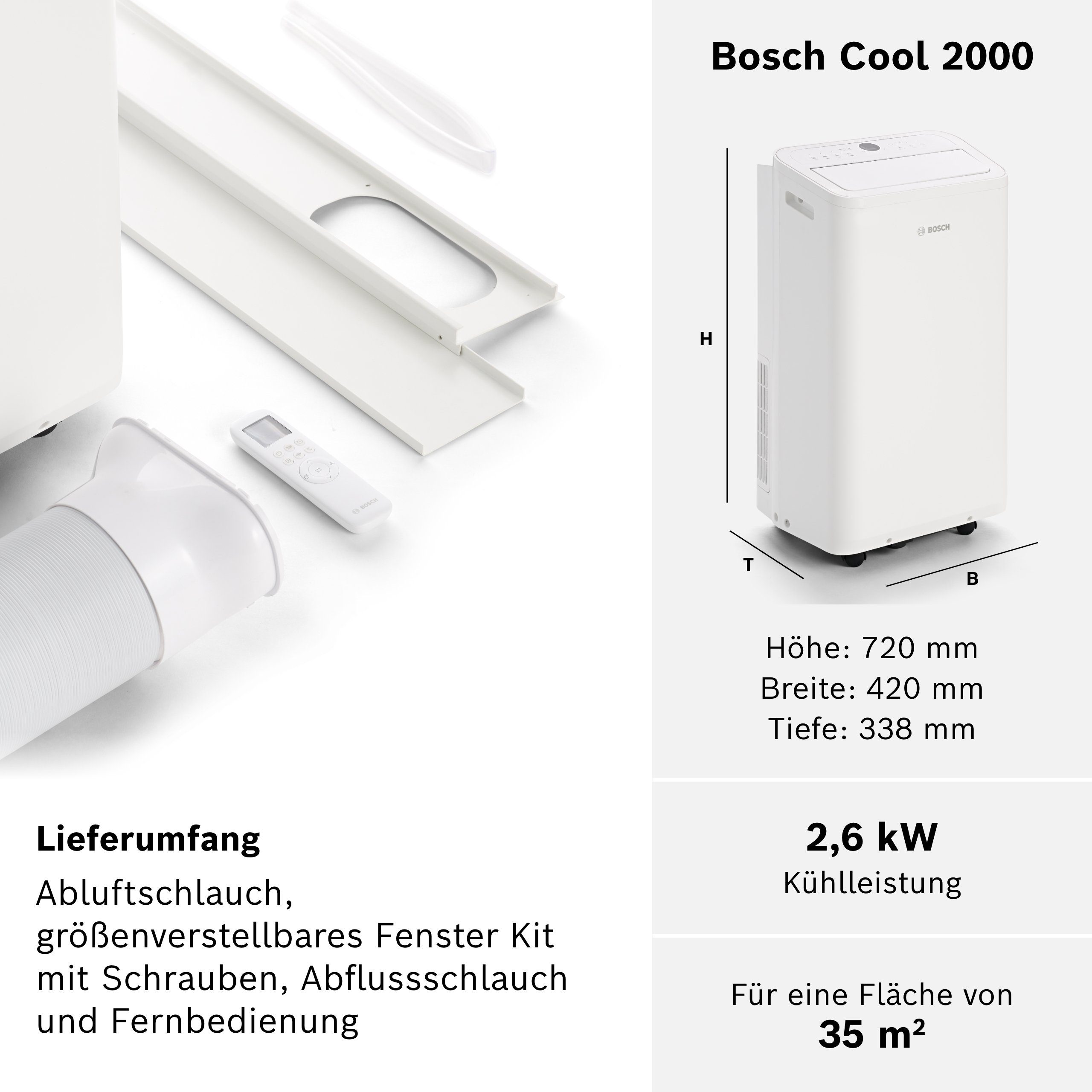 BOSCH 3-in-1-Klimagerät Cool 2000, für Räume bis zu 35m² - Auto-, Silent- & Sleep-Modus [Energieklasse A]