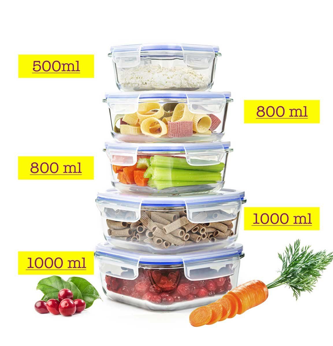 Sendez Frischhaltedose 10tlg. 2x1L 2x800ml 1x500ml Glas Lunchbox Vorratsdosen Brotdose, Glas