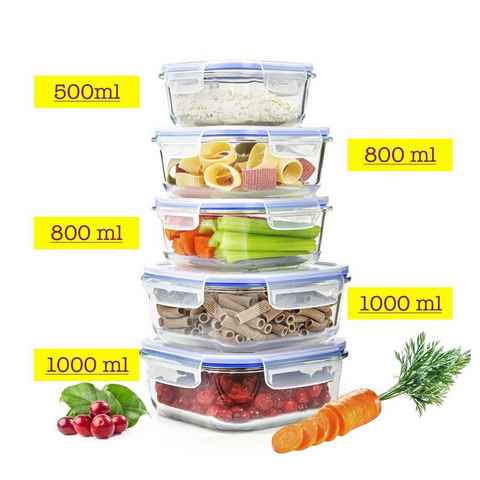 Sendez Frischhaltedose 10tlg. 2x1L 2x800ml 1x500ml Glas Lunchbox Vorratsdosen Brotdose, Glas