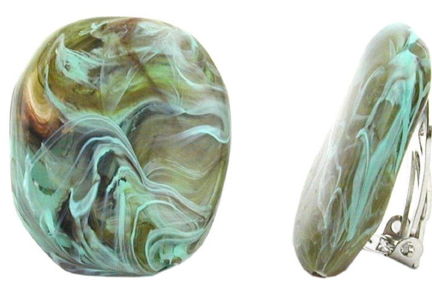 unbespielt Paar Ohrclips Modeschmuck Ohrringe türkisgrün-braun-marmoriert  Kunststoff 28 x 23 mm, Modeschmuck für Damen