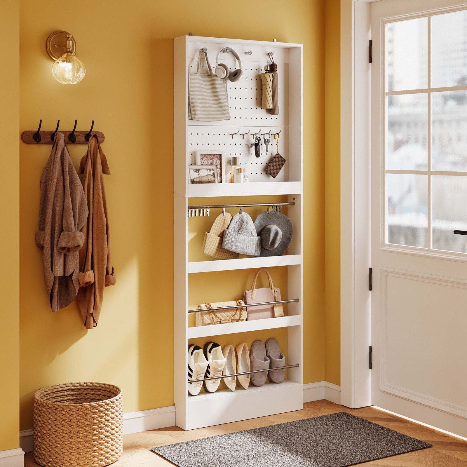 SoBuy Wandgarderobe FHK39, Schuhregal Garderobenpaneel, schmal 12 cm, Lochplatte, Haken (1er Set), Garderobenständer, mit Lochwand, Haken und Ausziehablage, für Flur