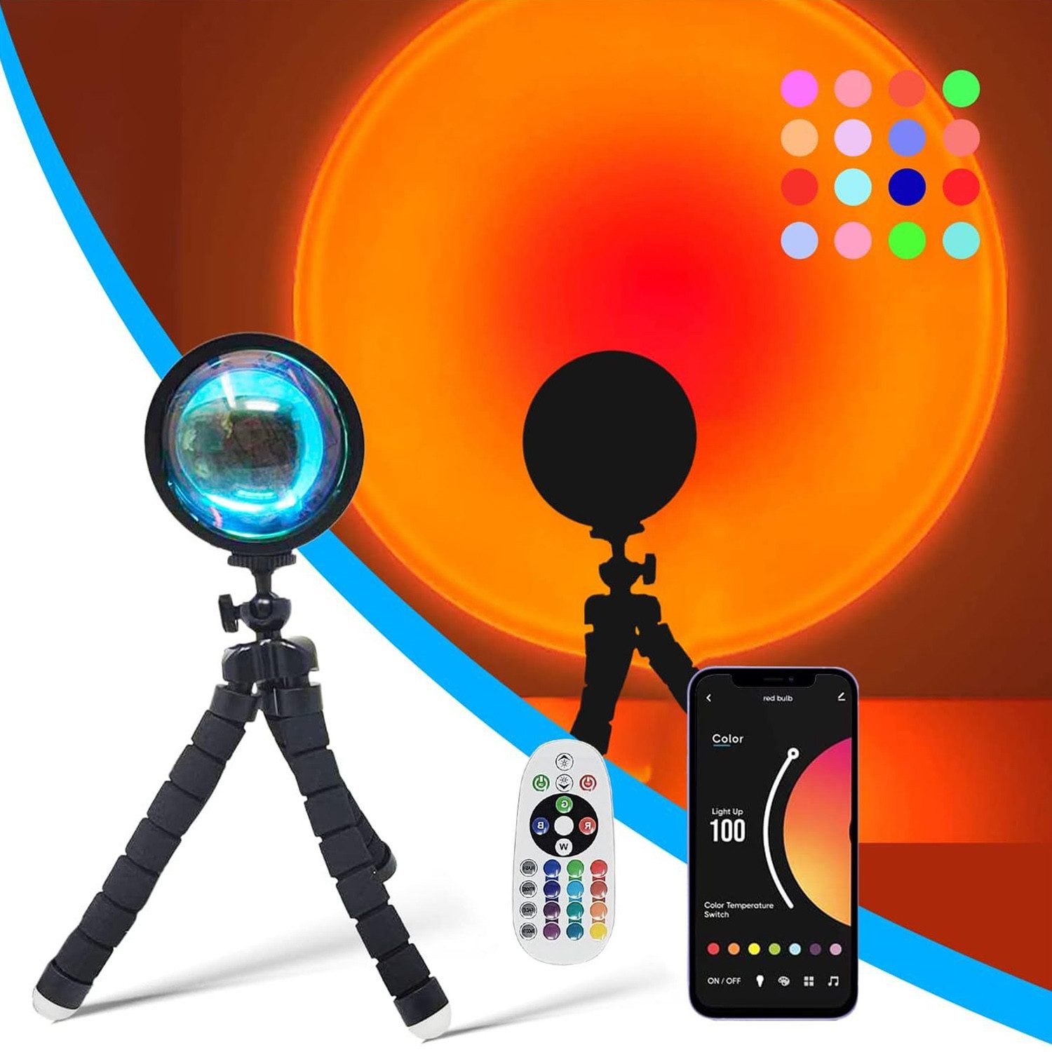 TUWENA LED Nachtlicht Sunset Lamp, 16 Modi Bunte Projection Lamp, Rainbow Projektionslampe, mit 360°Drehung und Stativ für Party Themen Schlafzimmerdekoration