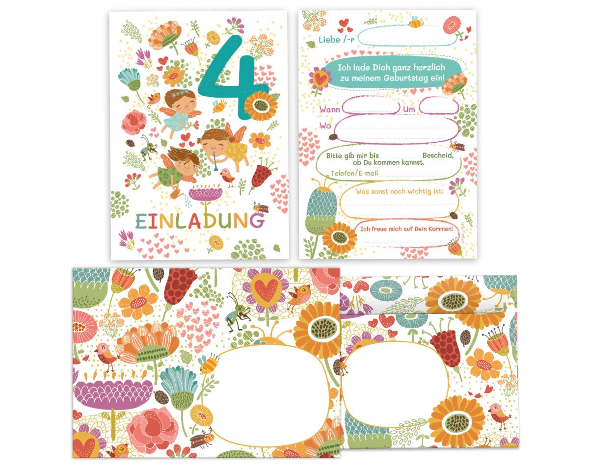 JUNAPACK Einladungskarten Fee zum 4. Kindergeburtstag Einladungen mit Umschlägen Karten Blumen, Einladungskarten mit Umschlägen zum vierten Geburtstag Feen