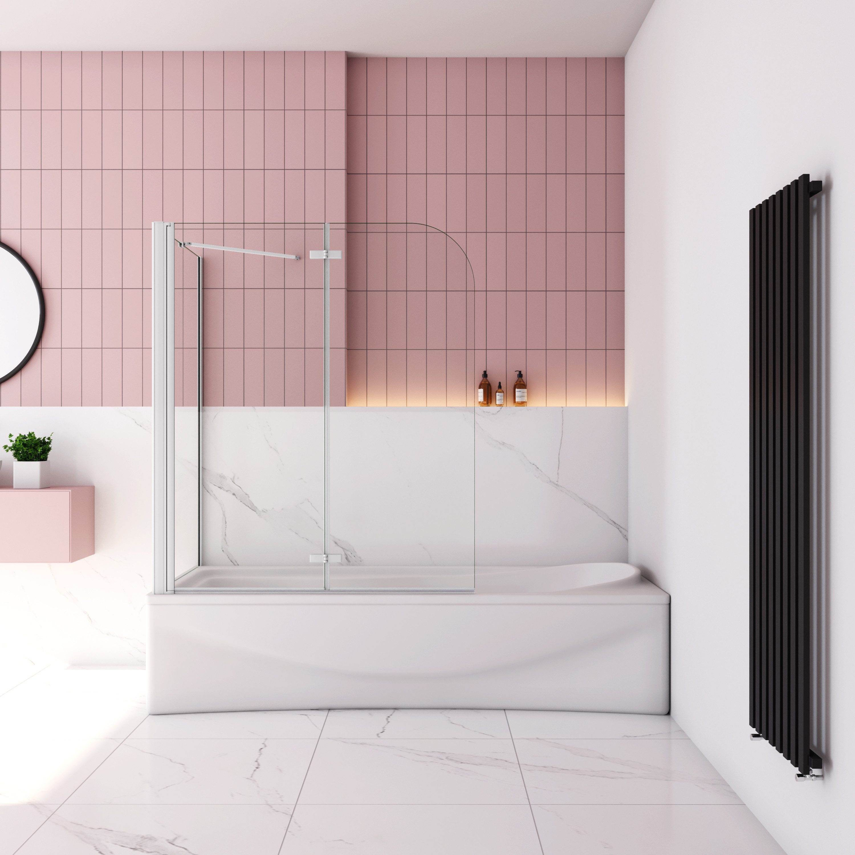 AICA Badewannenaufsatz 2-teilig Faltwand Drehfaltwand Chrom/Schwarz/weiß mit Seitenwand, Einscheibensicherheitsglas, Sicherheitsglas, mit Antikalk-Versiegelung,ebenerdiger Einbau möglich