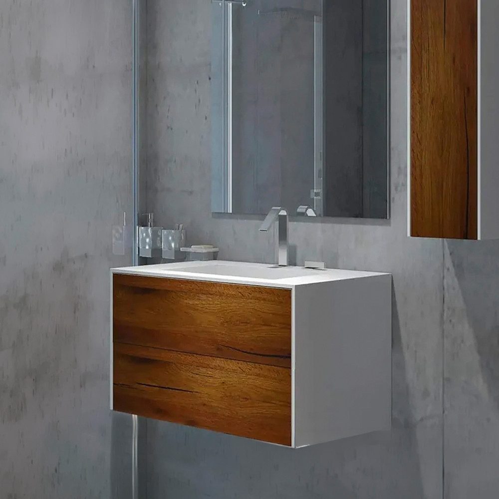 Henneke Waschtisch Corian® WoodOne+ mit Becken mittig eckig und Unterschrank zweireihig, Fugenlos aus Mineralwerkstoff