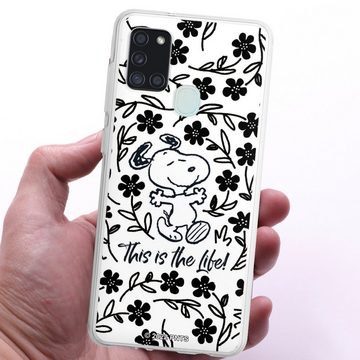 DeinDesign Handyhülle Peanuts Blumen Snoopy Snoopy Black and White This Is The Life, Samsung Galaxy A21s Silikon Hülle Bumper Case Handy Schutzhülle
