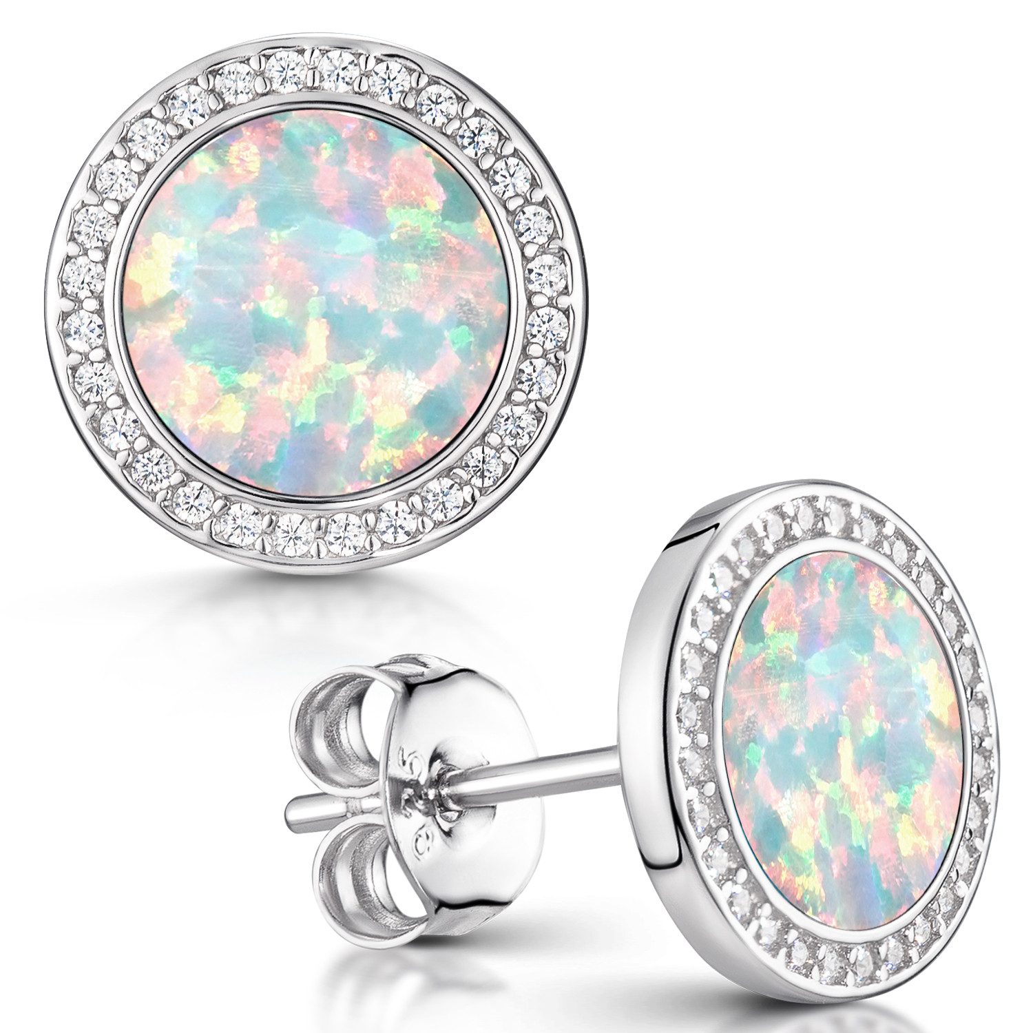 Materia Paar Ohrstecker Damen Ohrringe Opal Weiß Zirkonia SO-394, 925 Sterling Silber, rhodiniert