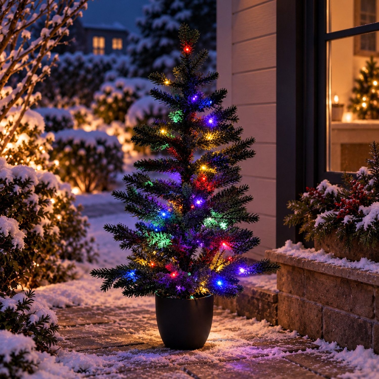 Online-Fuchs Künstlicher Weihnachtsbaum mit bunter LED-Beleuchtung und Topf - 85 cm klein - Outdoor geeignet, Mix aus Spritzguss und PVC Spitzen, Standort frei wählbar, dank Batteriebetrieb - 8 Leuchtmodi