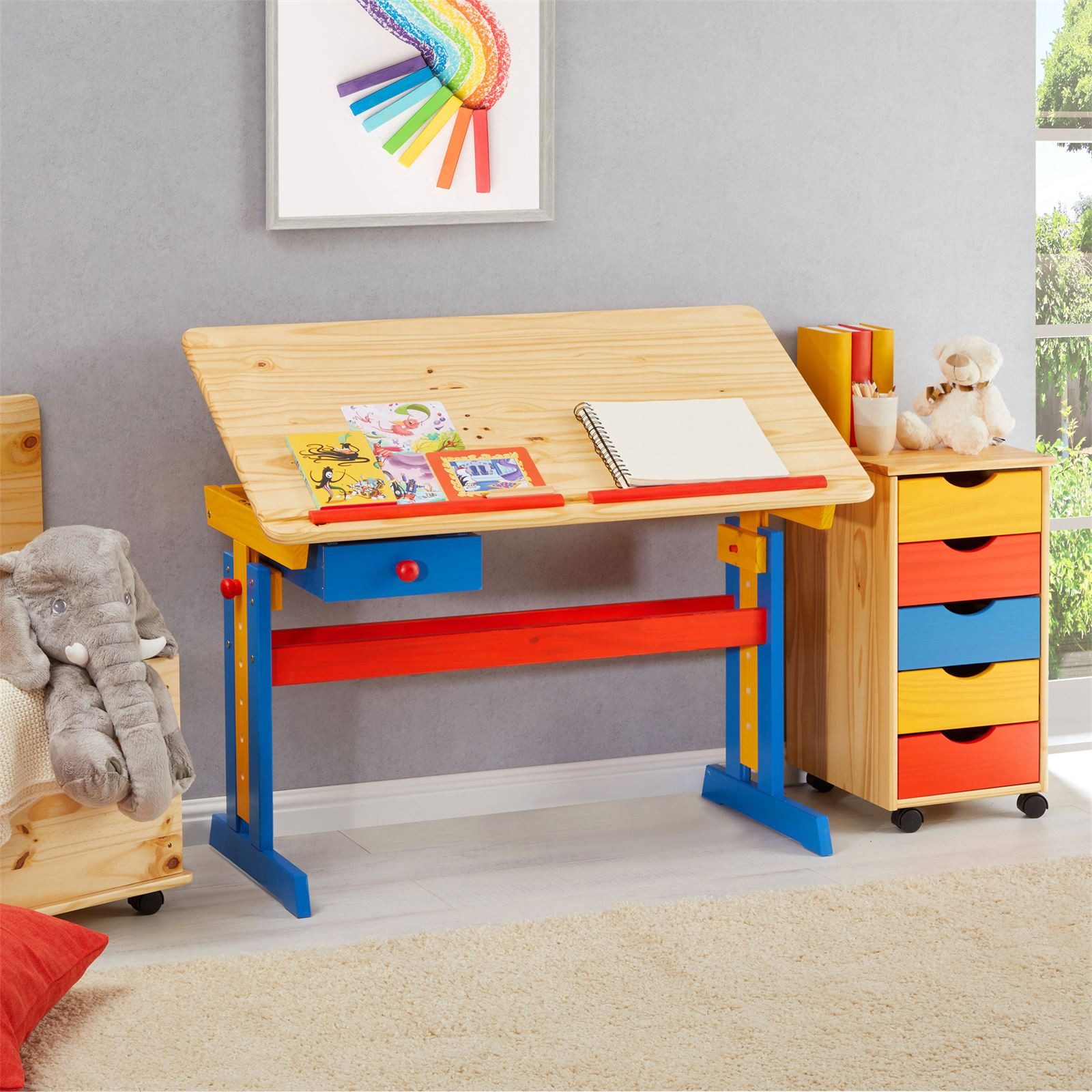 IDIMEX Kinderschreibtisch FLEXI, Kinderzimmer Lerntisch höhenverstellbar aus Massivholz Bunt