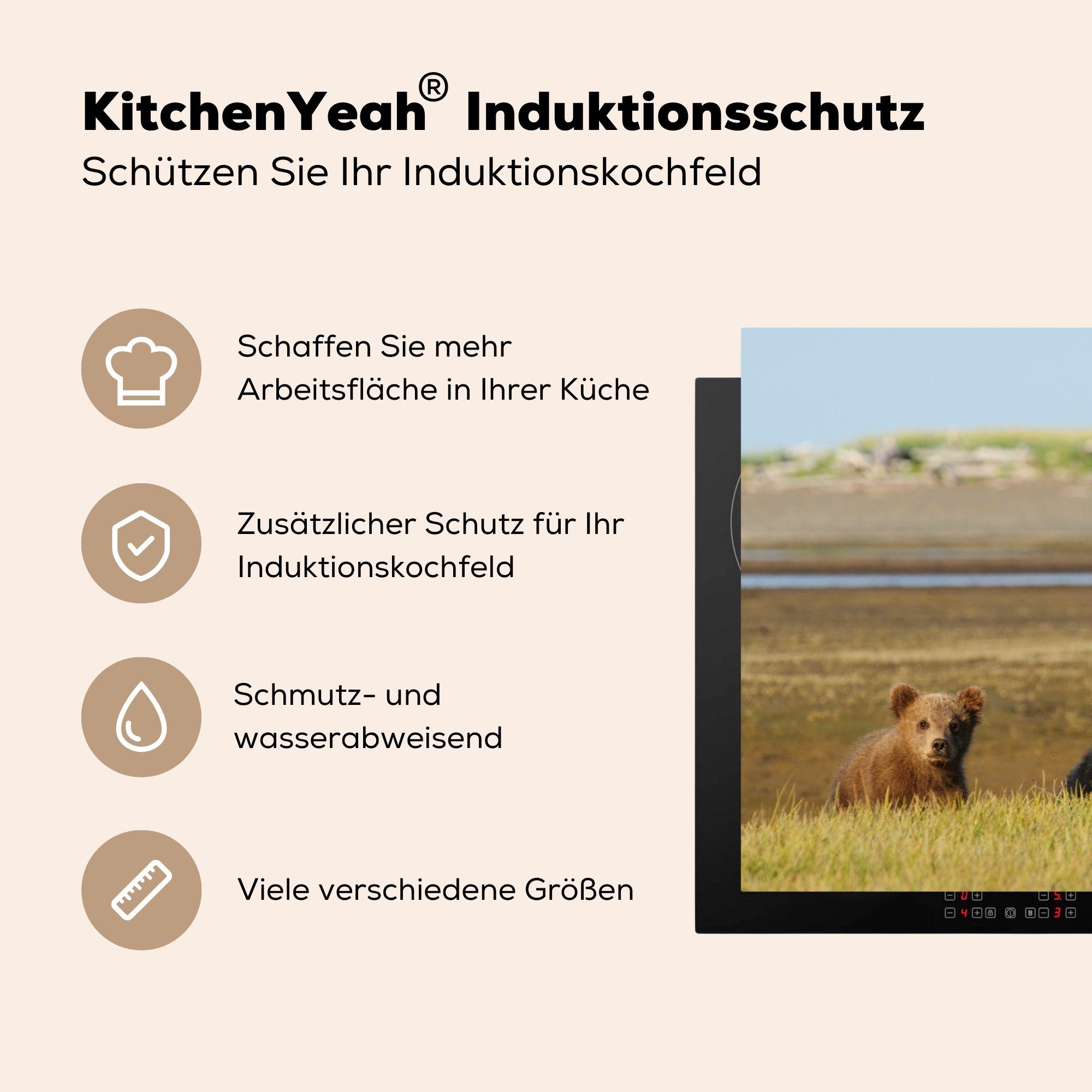 Bär - MuchoWow Vinyl, Herdblende-/Abdeckplatte cm, Ceranfeldabdeckung (1 tlg), Gras, Induktionskochfeld Schutz für 81x52 Jung - küche, die