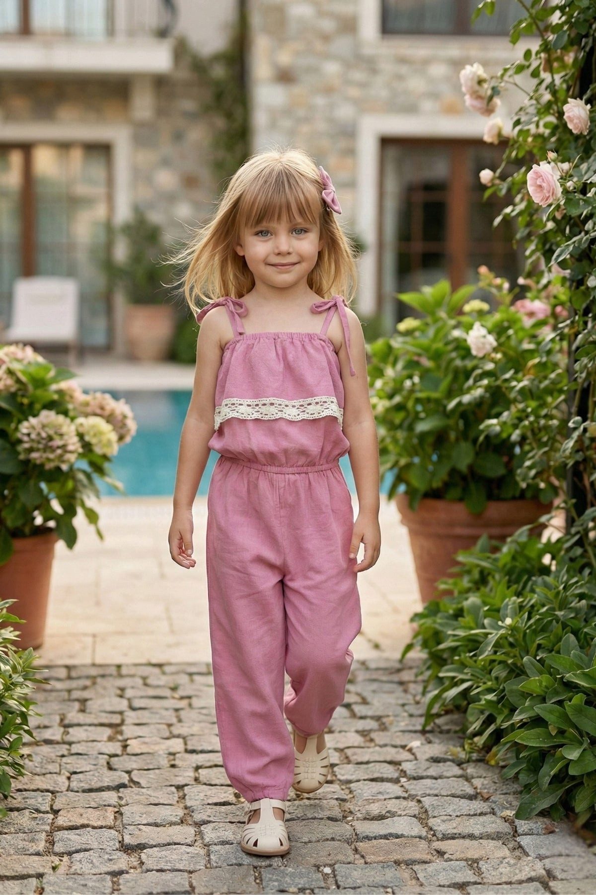 Parla Kids Overall Lila Jumpsuit mit Spitzendetails, schmalen Trägern und Haarspange