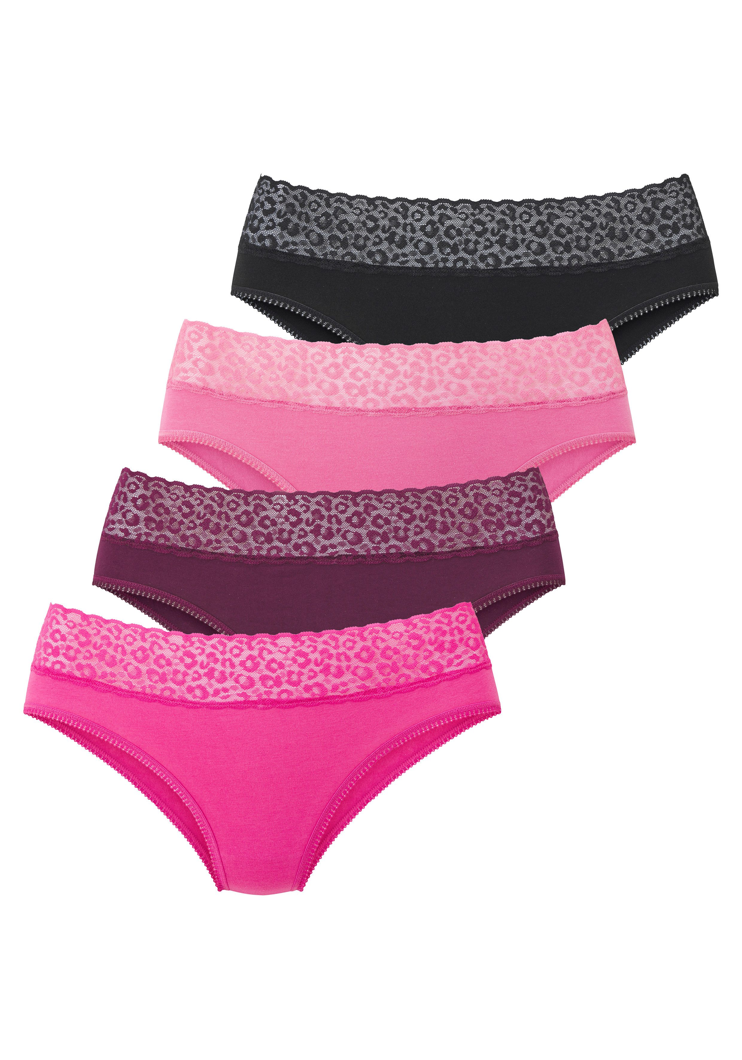 LASCANA Jazz-Pants Slips (4er Pack) aus elastischer Baumwolle mit Leo-Spitze am Bund