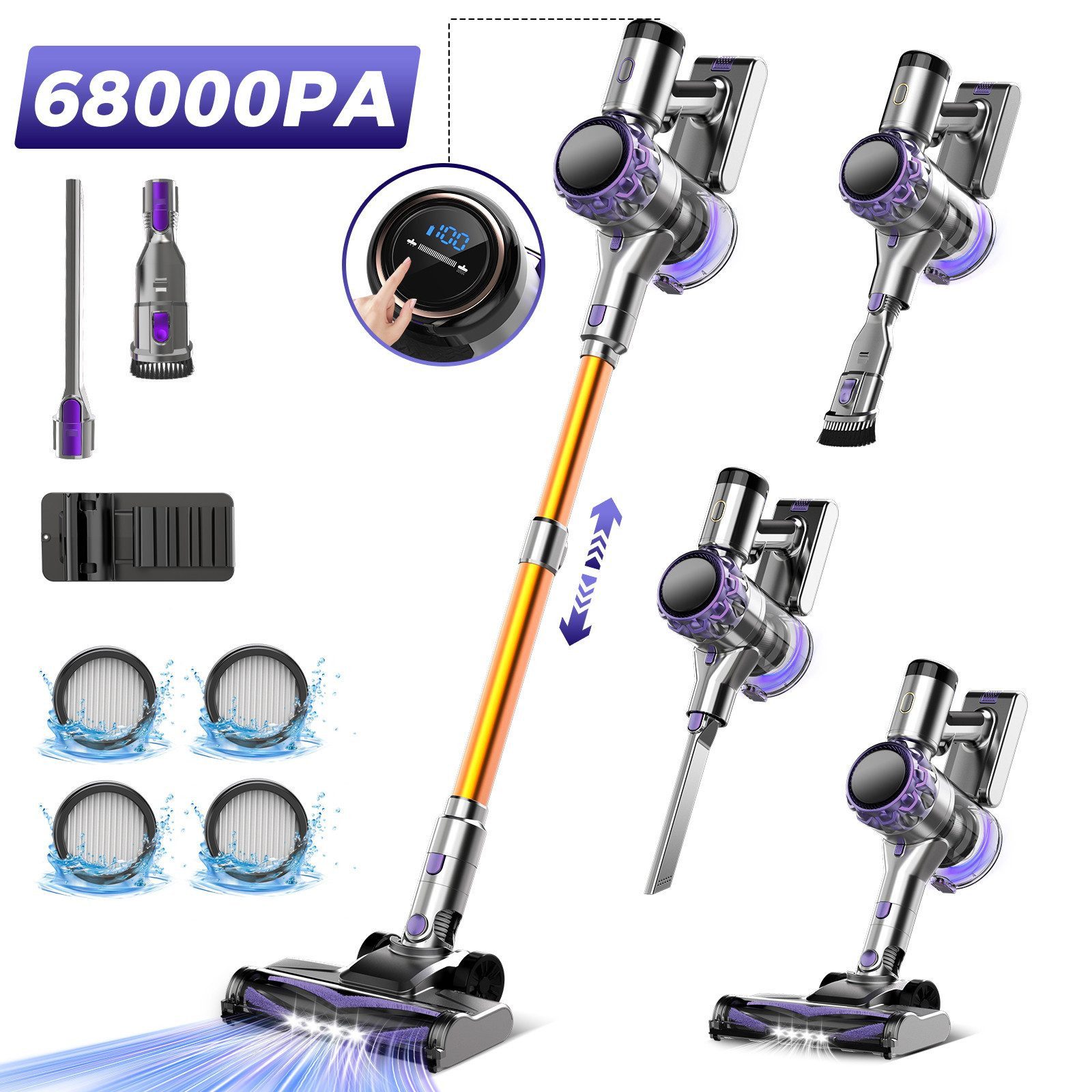 VacniQ Akku-Hand-und Stielstaubsauger Akku Staubsauger Kabellos 68Kpa 80min Laufzeit, 65dB,für Tierhaare, 300 W, beutellos, 6-fach Hochleistungsfilter, Zubehör inklusive