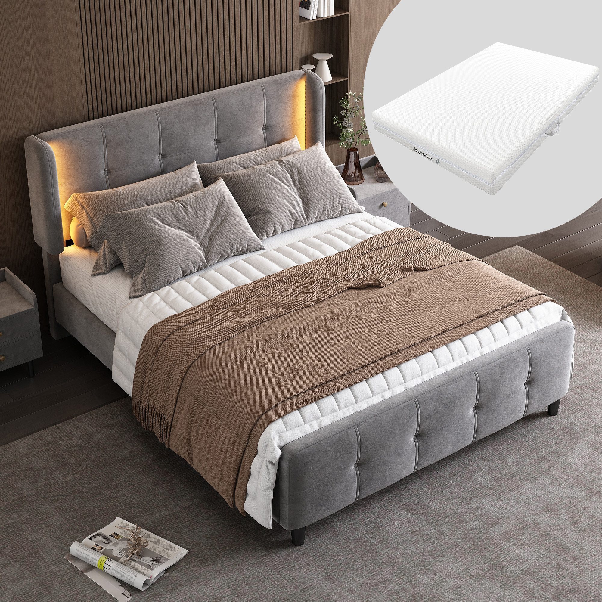 HAUSS SPOLE Polsterbett 140x200cm mit LED-Leisten, höhenverstellbares Kopft günstig online kaufen