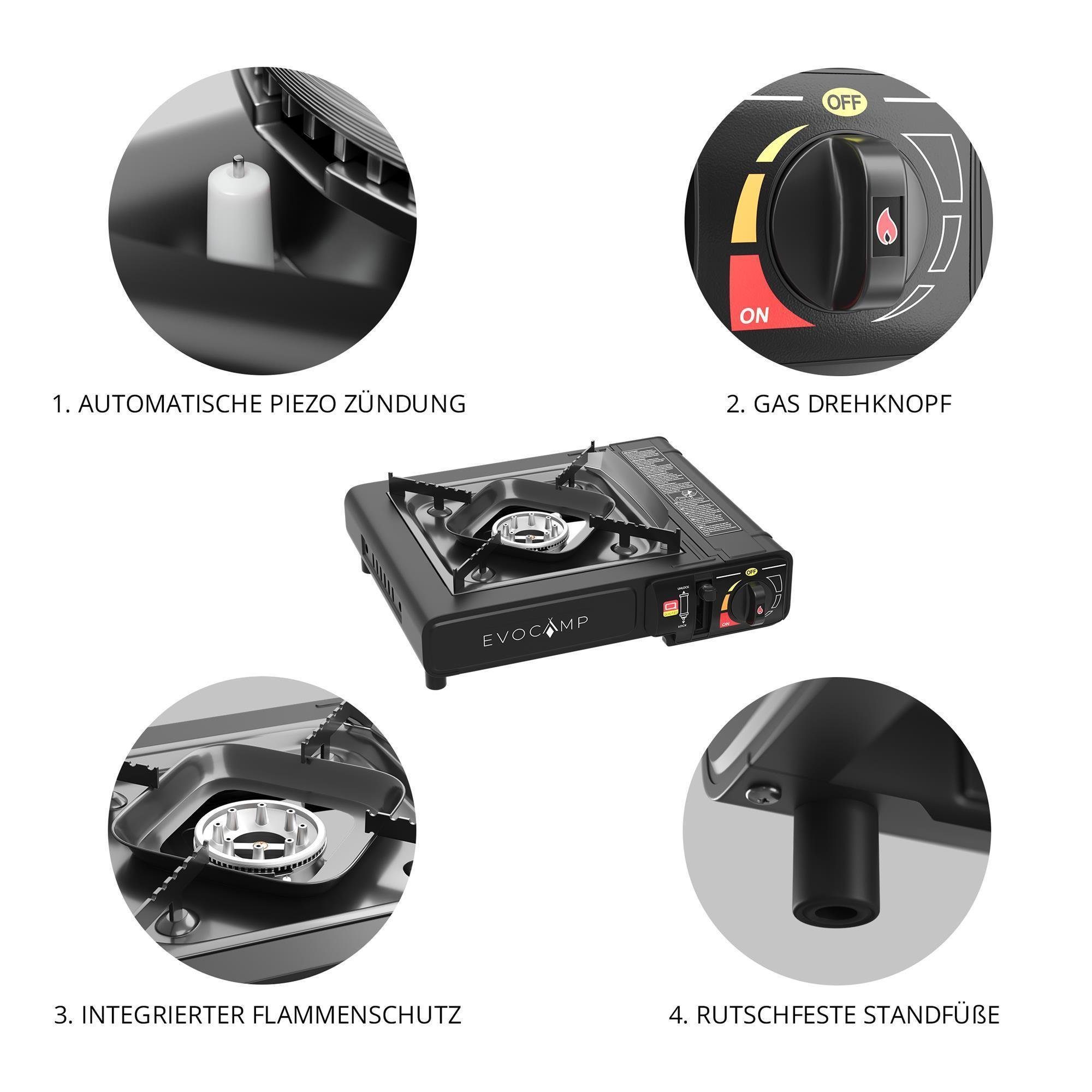 EVOCAMP Gaskocher 1-flammig mit Piezozündung und Tragekoffer für 227 Gaskartuschen, (Campingkocher ohne Gaskartuschen, 1-St., stufenlos regulierbare Flamme, tragbar), perfekt für Outdoor-Aktivitäten
