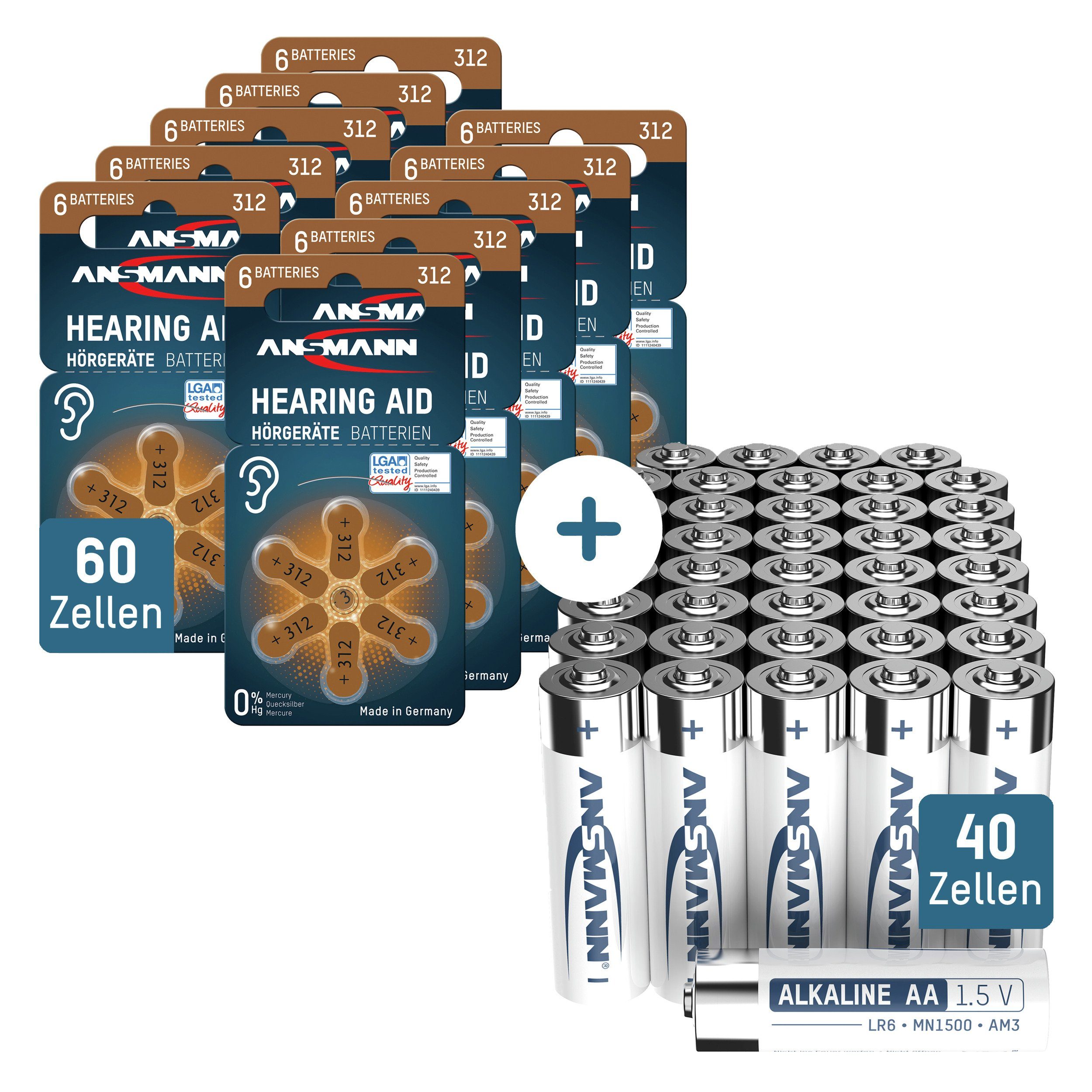 ANSMANN® 60x Hörgerätebatterien 312 (Braun) Alkaline Knopfzelle Ansmann AA Batterien ZL3 PR41 312 + 40x Typ P312