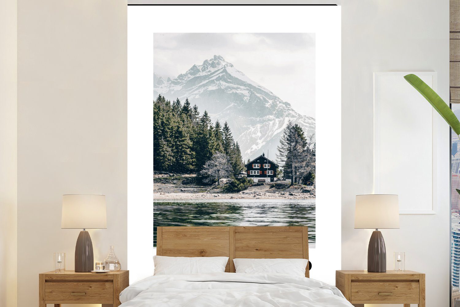 MuchoWow Fototapete Schweiz bedruckt, - (3 St), - Wohnzimmer, Montagefertig Matt, Haus für Wandtapete See, Tapete Vinyl