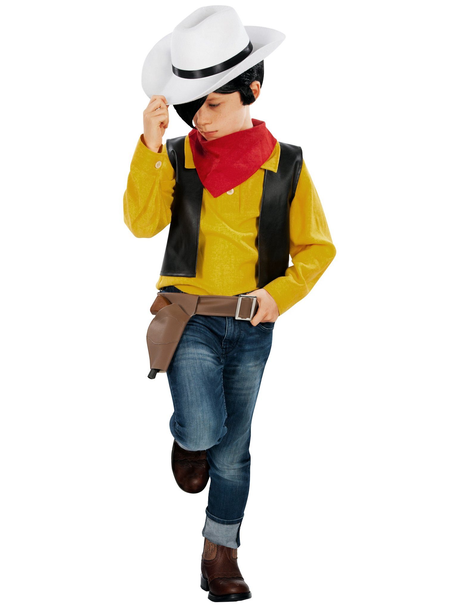 Maskworld Cowboy-Kostüm Lucky Luke Kinderkostüm mit Hut - Cowboy Fasching, Kostüm und Hut des berühmtesten Comichelden des Wilden Westens