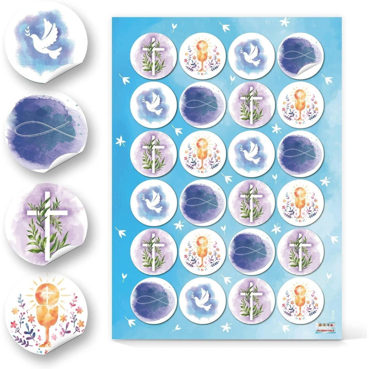 Logbuch-Verlag Aufkleber 24 Sticker mit christlichen Motiven 4 cm - Fisch Kreuz Taube Kelch -