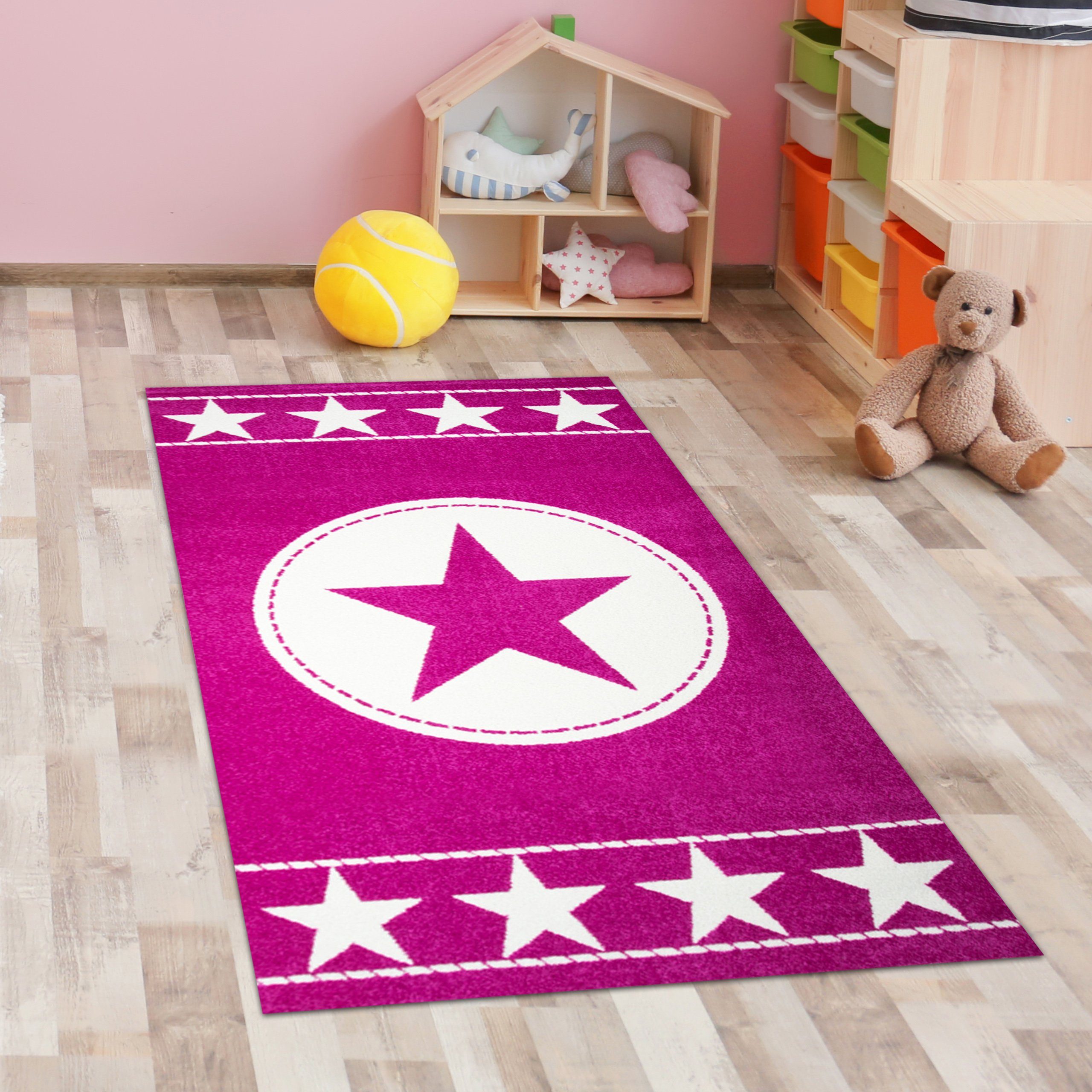 Kinderteppich Kinderteppich Spielteppich Kinderzimmer Teppich Stern pink creme, Carpetia, rechteckig, Höhe: 9 mm