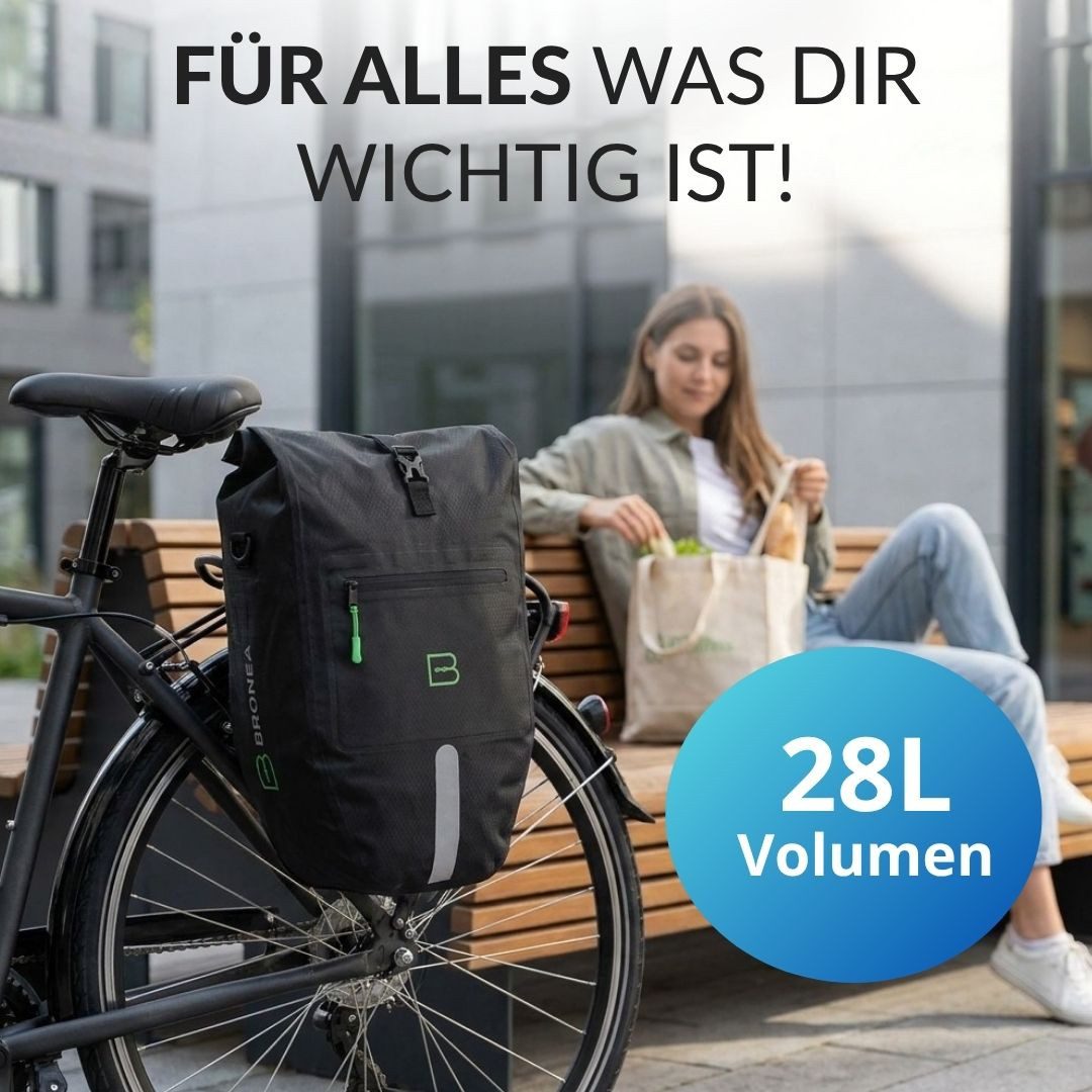 Bronea Fahrradtasche 2 STÜCK Gepäckträgertasche Fahrrad XXL 28 Ltr - Verstärkt - Abnehmbar (Fahrradtasche für Gepäckträger hinten, Wasserdicht & Reflektierend - Laptoptasche), Innovatives verstellbares Click System für alle Gepäckträger