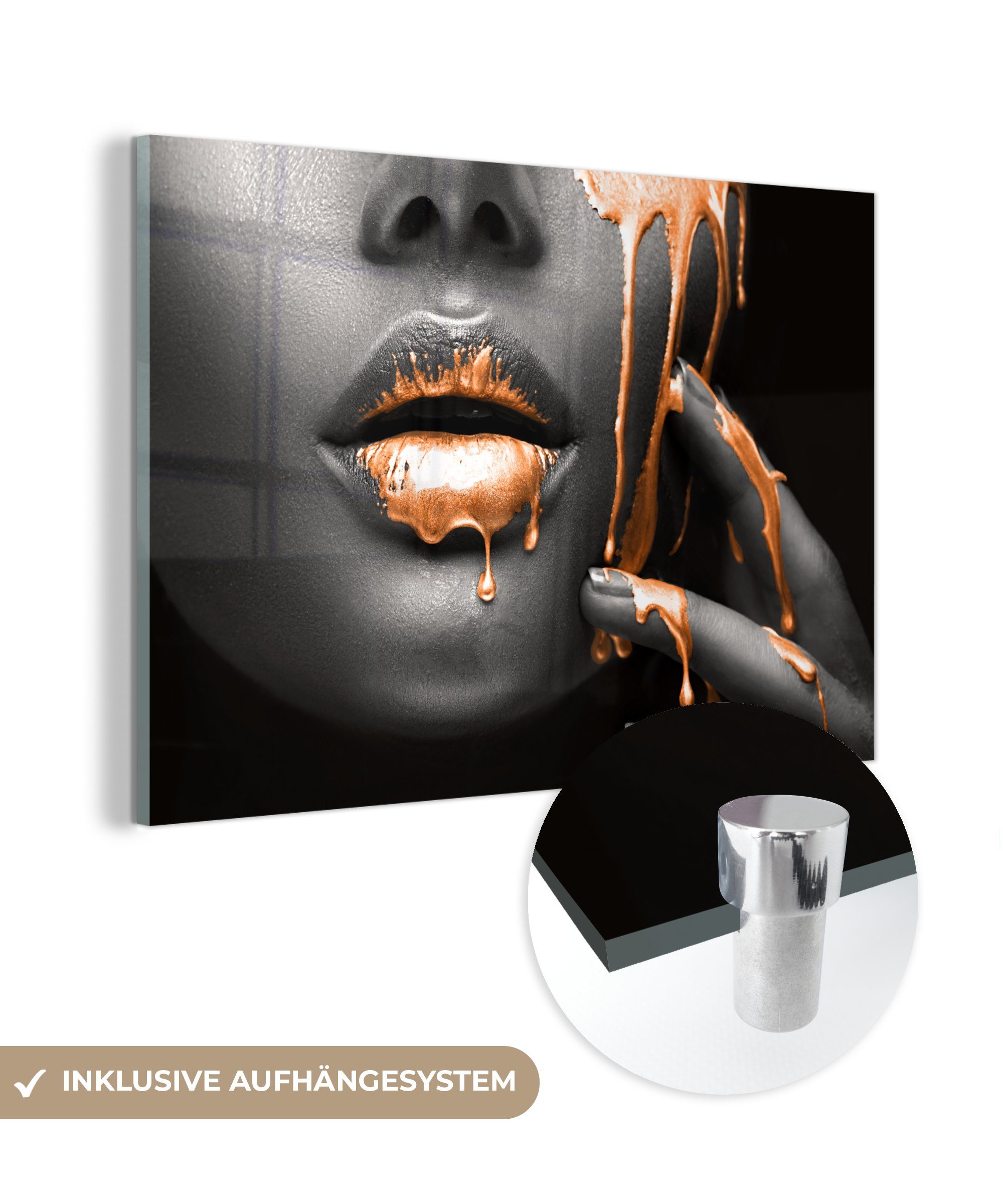 MuchoWow Acrylglasbild Lippen - Orange - Schwarz, (1 St), Glasbilder - Bilder auf Glas Wandbild - Foto auf Glas - Wanddekoration