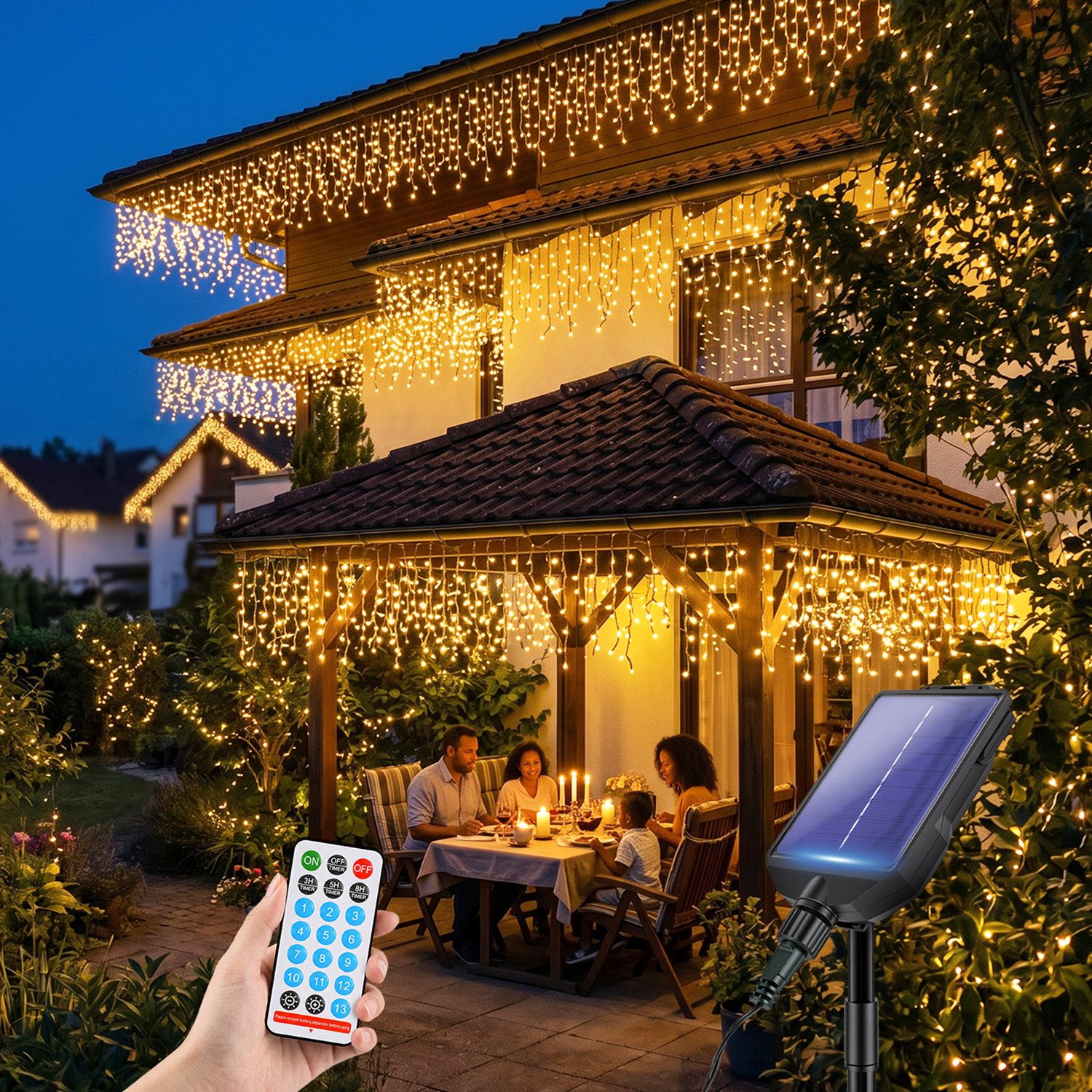 Salcar LED Solarleuchte LED-Lichtervorhang LED Lichterkette Solar Eisregen Lichtervorhang, 7,8m 240 LED Lichtervorhang Aussen 13 Modi Warmweiß mit Fernbedienung