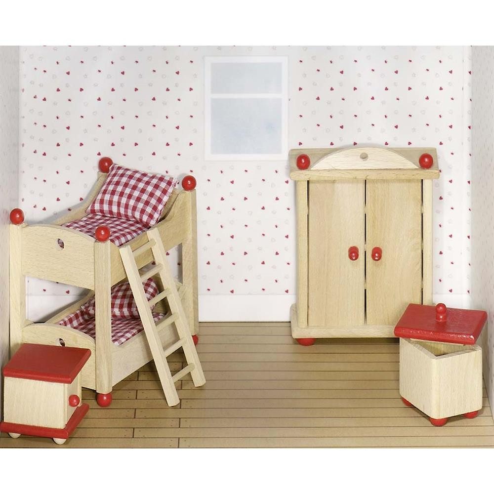 goki Puppenhausmöbel Puppenmöbel Kinderzimmer 51953 aus Buche, 5-teilig (Puppenmöbel-Set, 5-teilige Kinderzimmermöbel aus Buchenholz für Puppenhäuser), Buchenholz, 5-teilig, Kinderzimmermöbel, Puppenhauszubehör