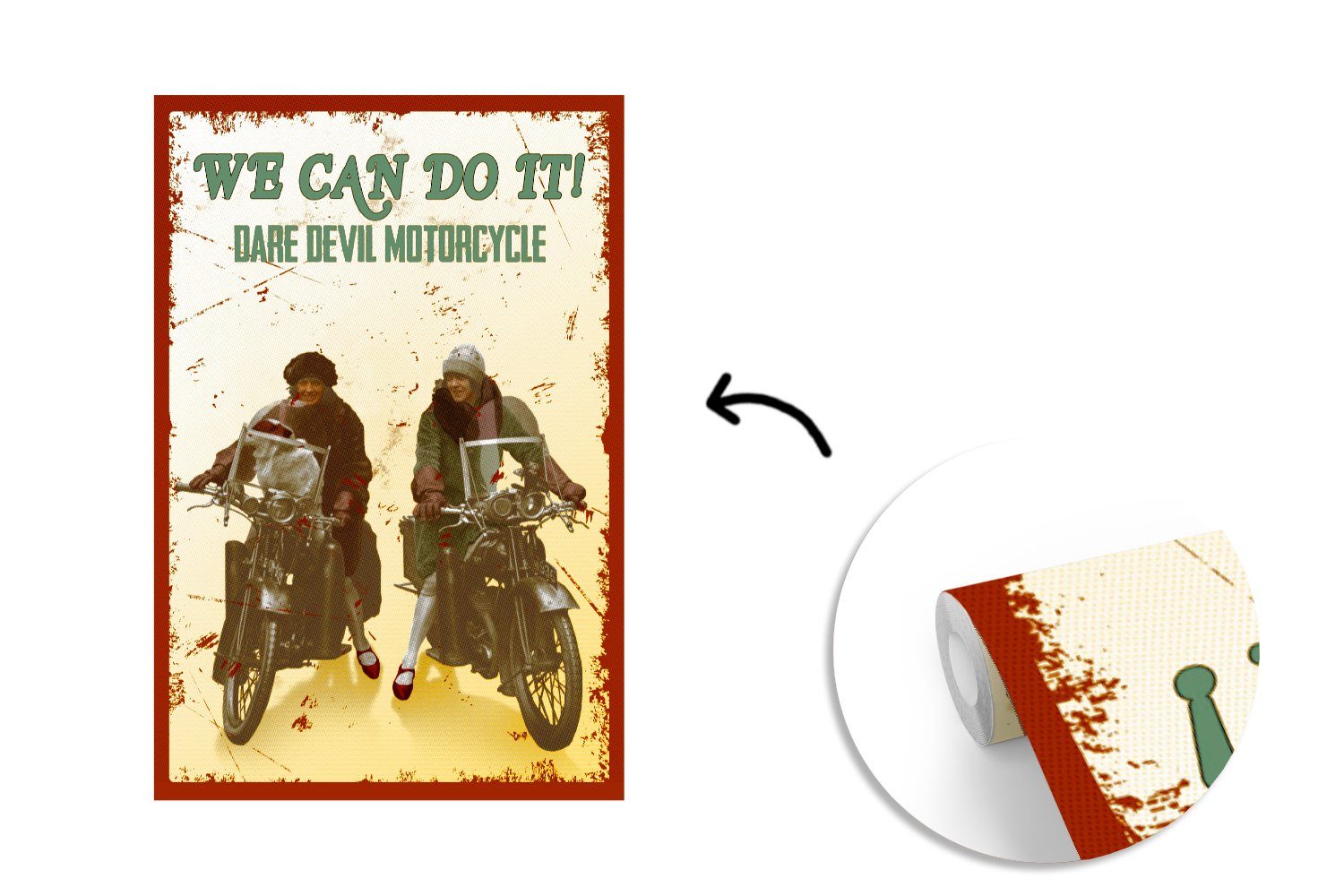 MuchoWow Fototapete Motorrad - Oldtimer Frauen - bedruckt, (3 Matt, Montagefertig Tapete Vinyl St), Zitat, Wohnzimmer, - Wandtapete für