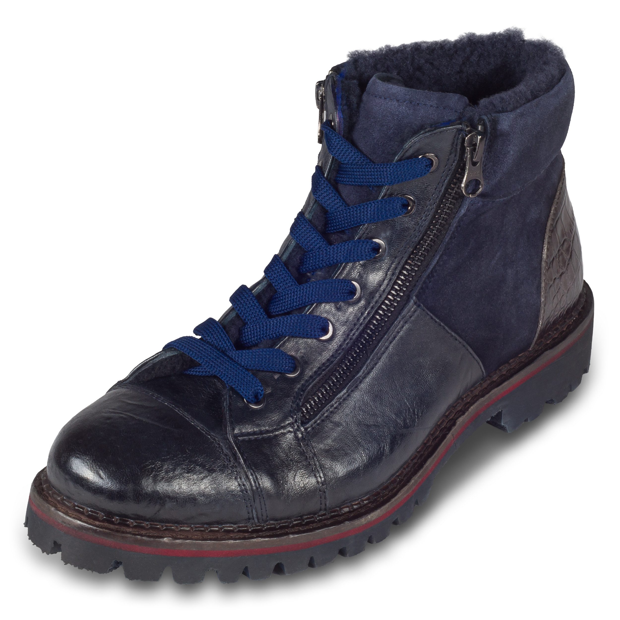 Lorenzi LORENZI Schnürstiefel Leder blau stonewashed - Lammfell Reißverschluß Сапоги Handgefertigt in Italien