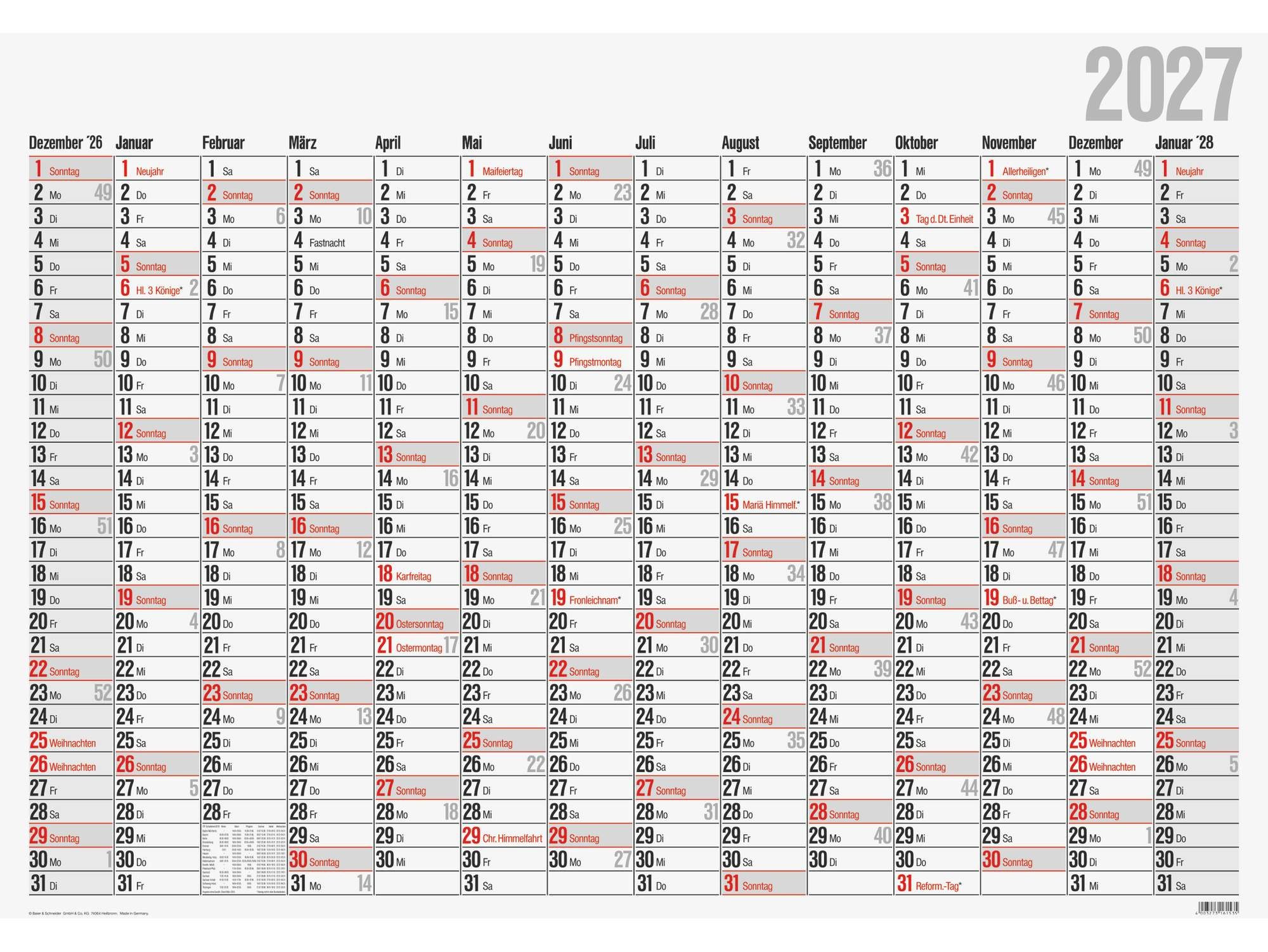 Baier & Schneider Plakatkalender Plakatkalender 2027 Jahresplaner Wandkalender 980x680 mm