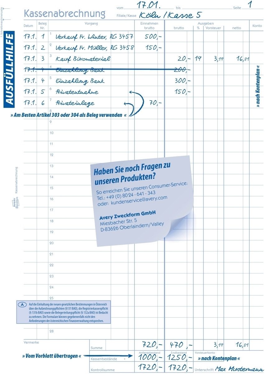Formularblock Formularbuch Kassenabrechnung A4 VE=2x50 Blatt mit Ausfüllhilfe