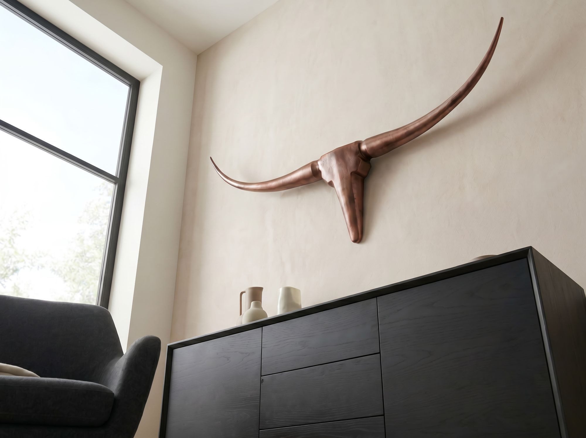 FineBuy Deko Geweih Bull M FB37860 Bronze 100 cm Aluminium Design Hörner, Wanddekoration Stierkopf Horn Modern, Wandskulptur Geweih-Jagdtrophäe Metall, Longhorn – Bild 4 von 5
